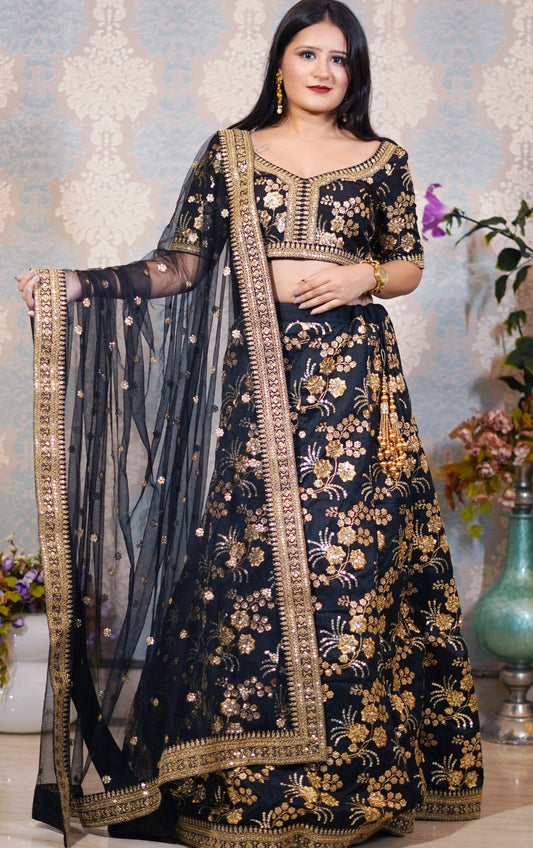 Black and Gold Embroidered Lehenga Set