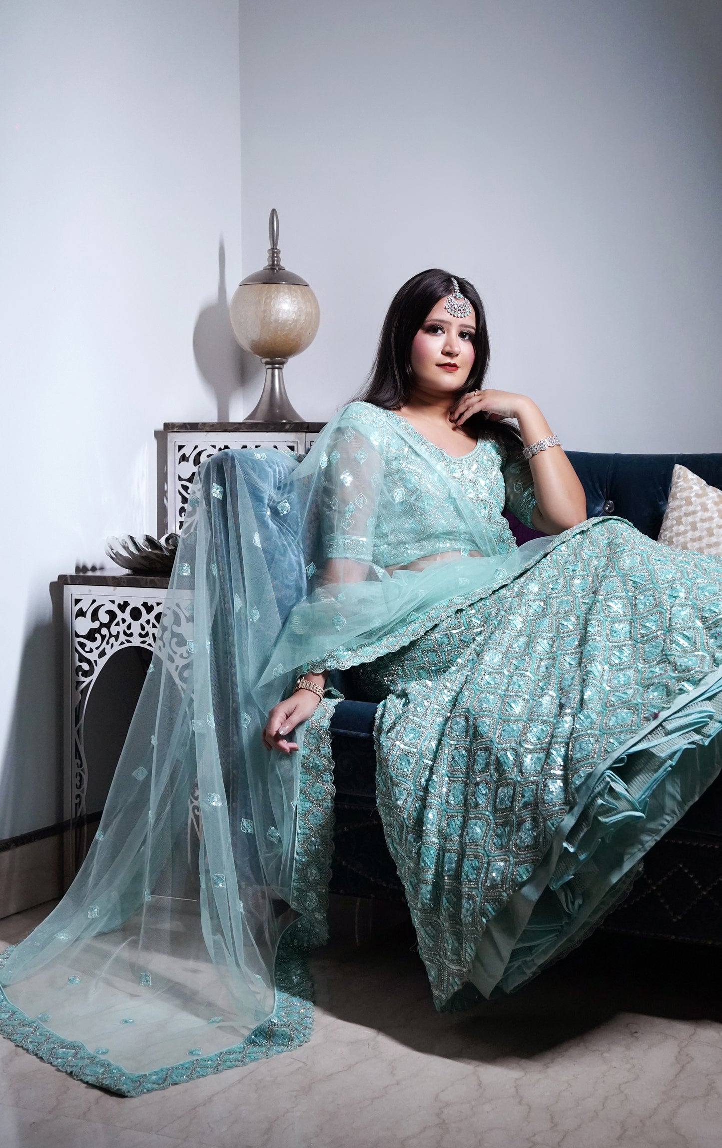 Teal Blue Embroidered Lehenga Set with Mirror Work & Sequins Detailing