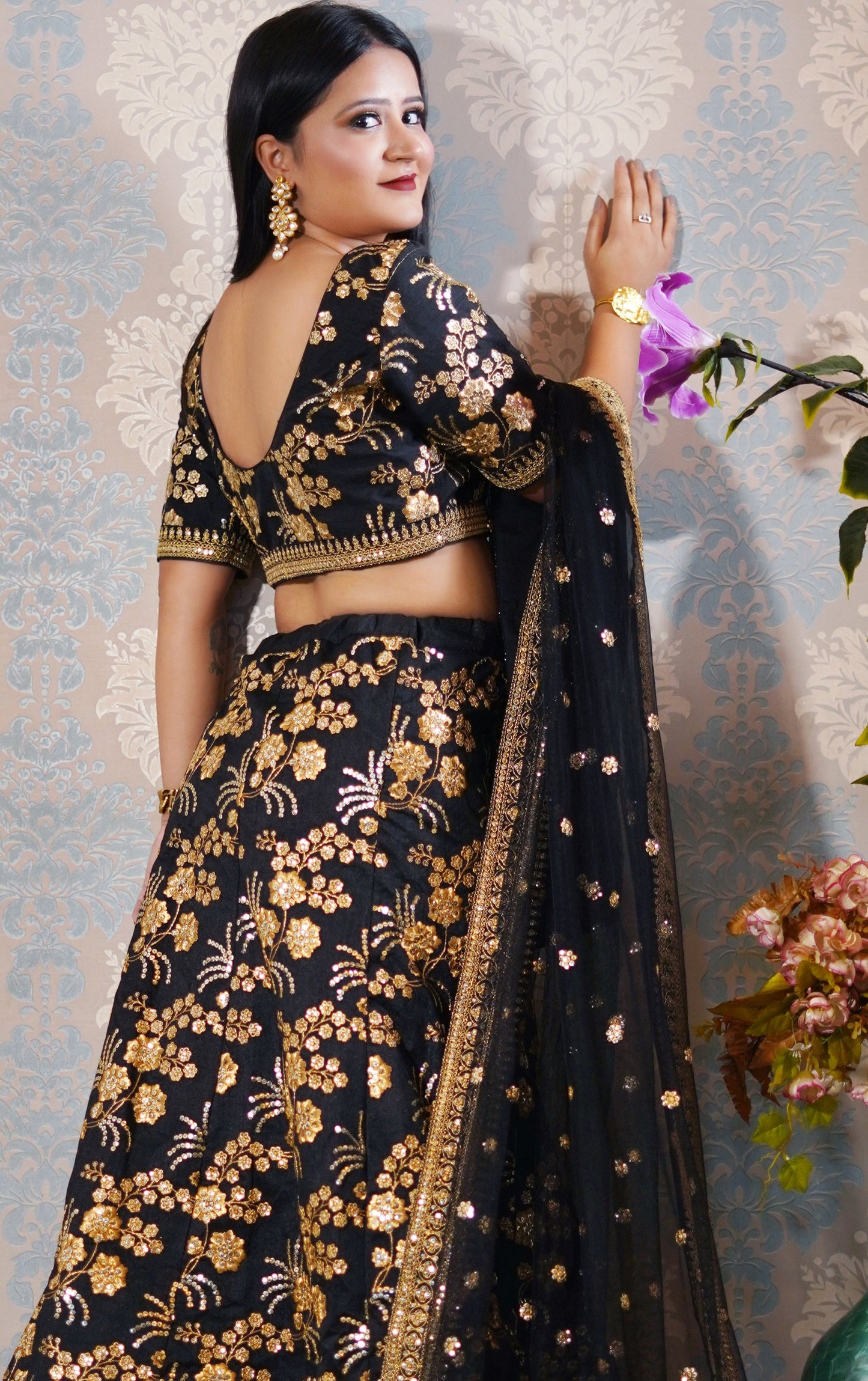 Black and Gold Embroidered Lehenga Set