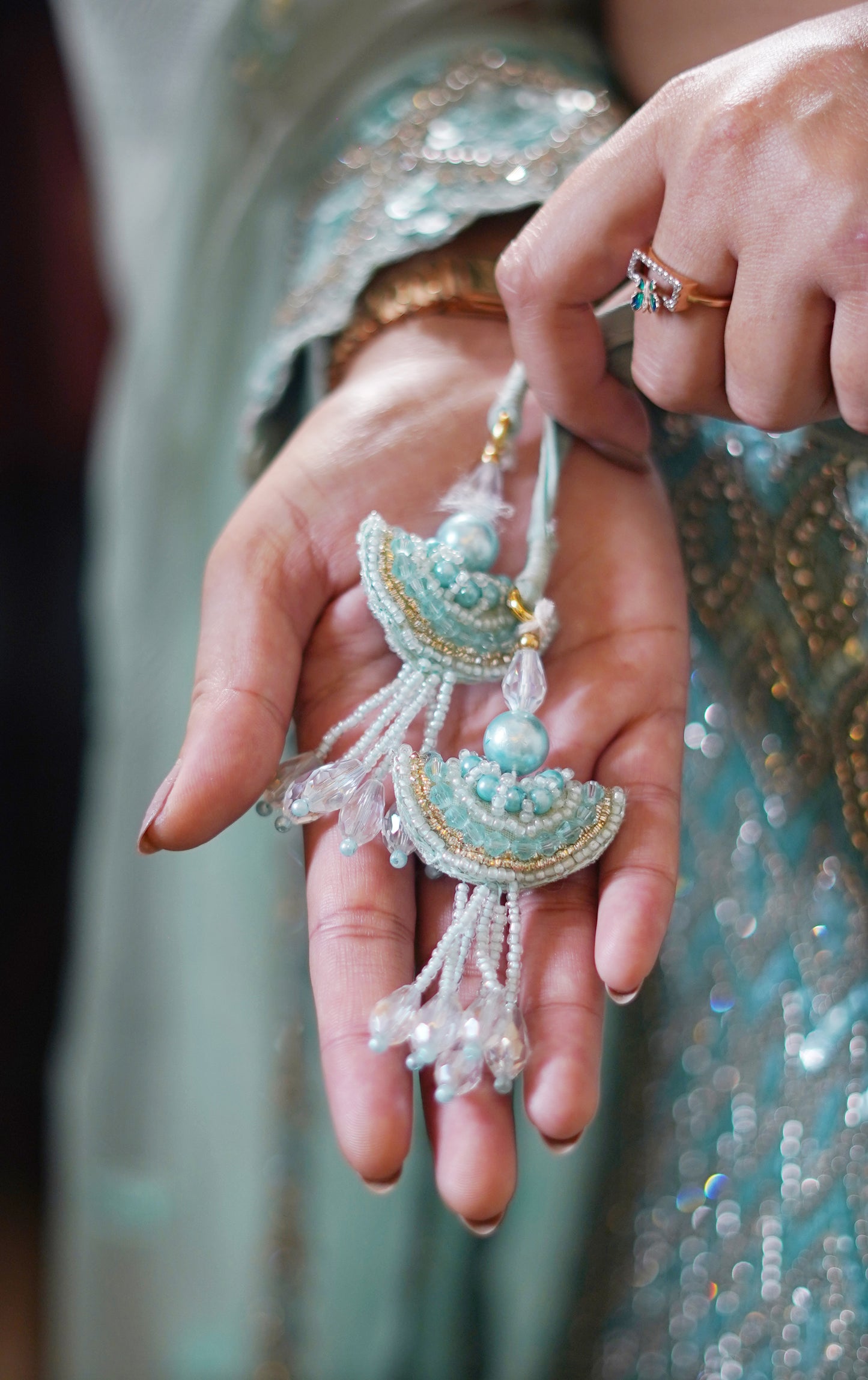 Teal Blue Embroidered Lehenga Set with Mirror Work & Sequins Detailing