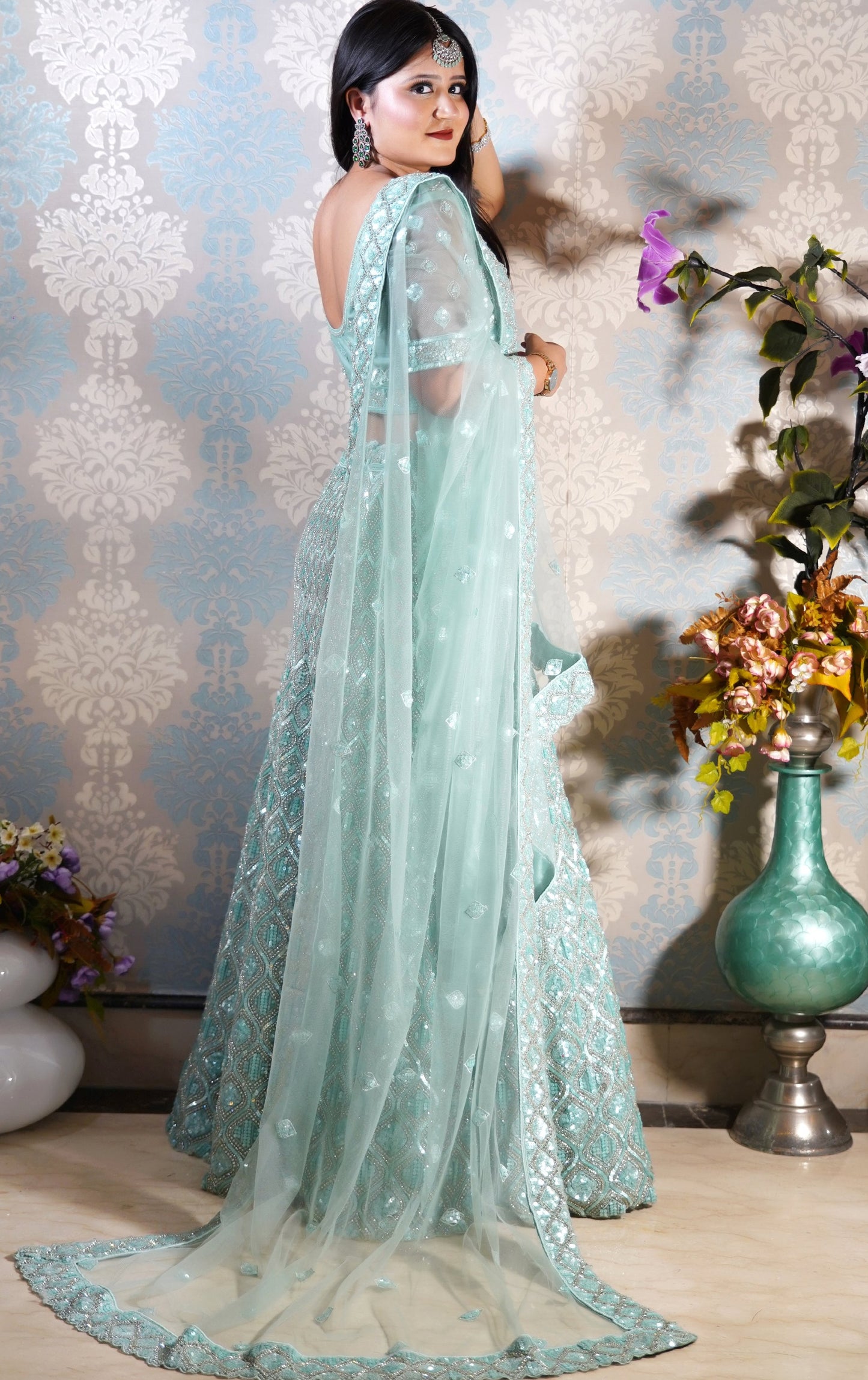 Teal Blue Embroidered Lehenga Set with Mirror Work & Sequins Detailing