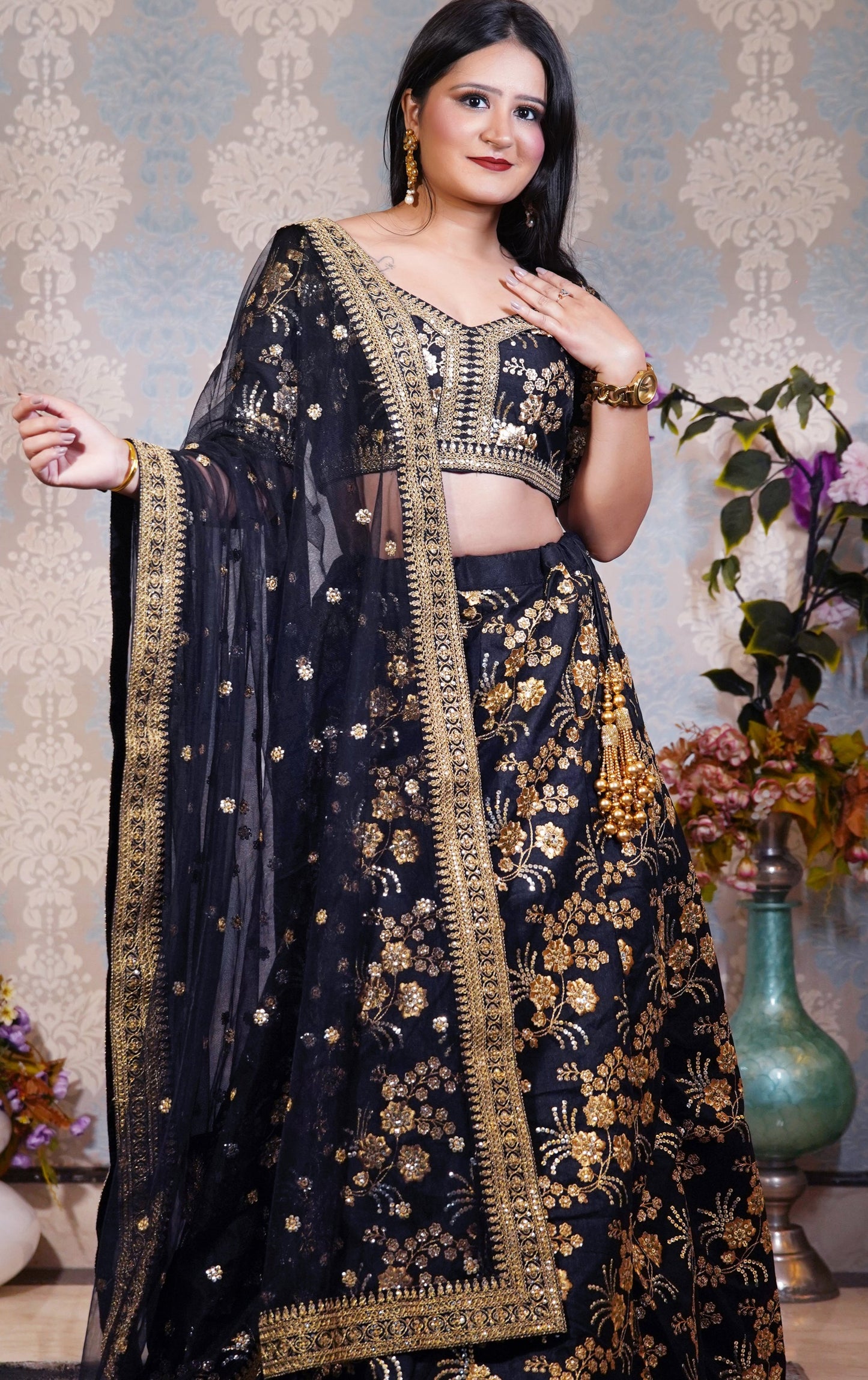 Black and Gold Embroidered Lehenga Set