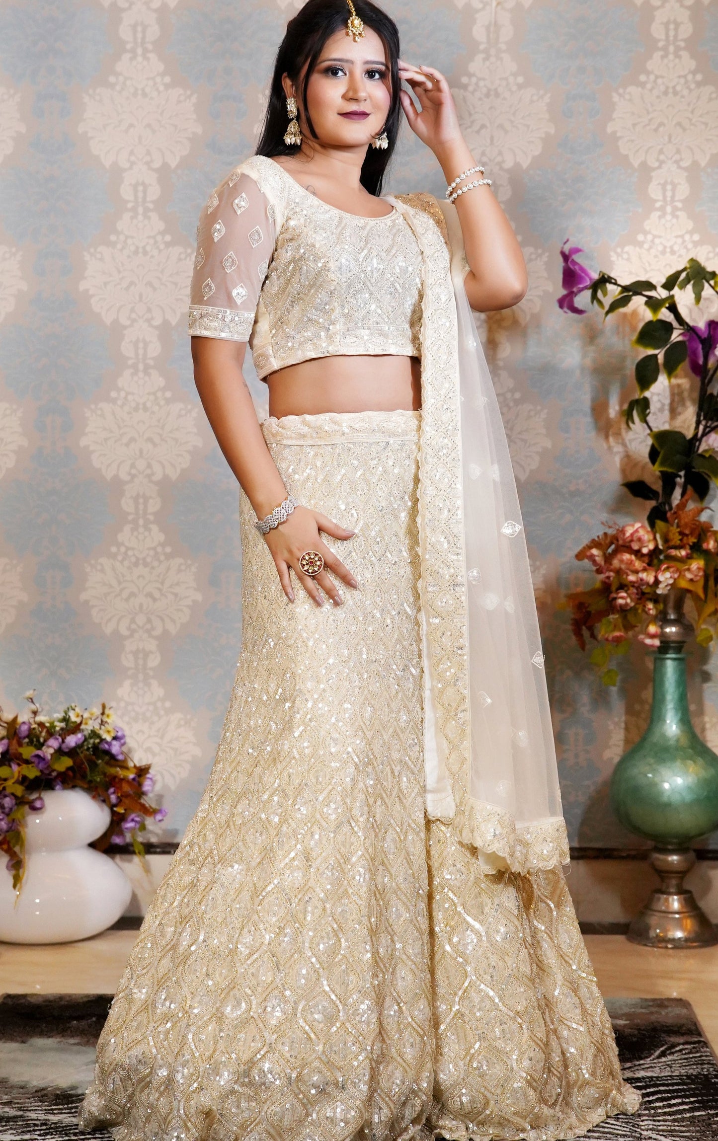 Ivory & Gold Sequins Embroidered Lehenga Set