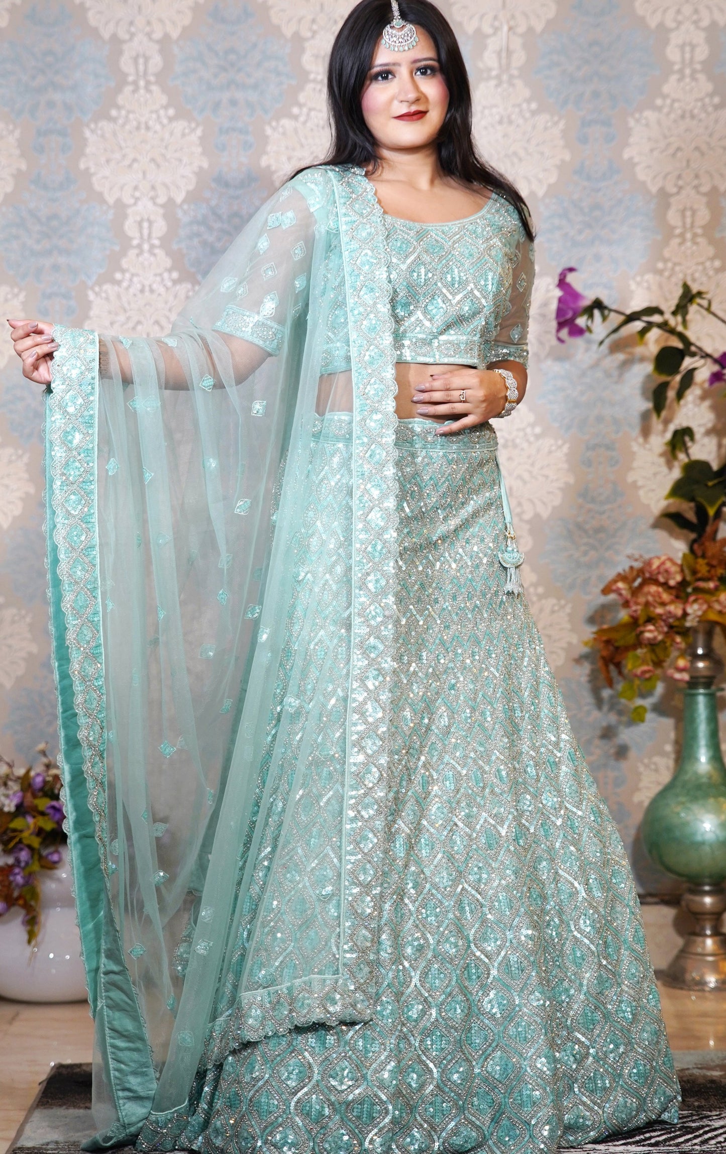 Teal Blue Embroidered Lehenga Set with Mirror Work & Sequins Detailing