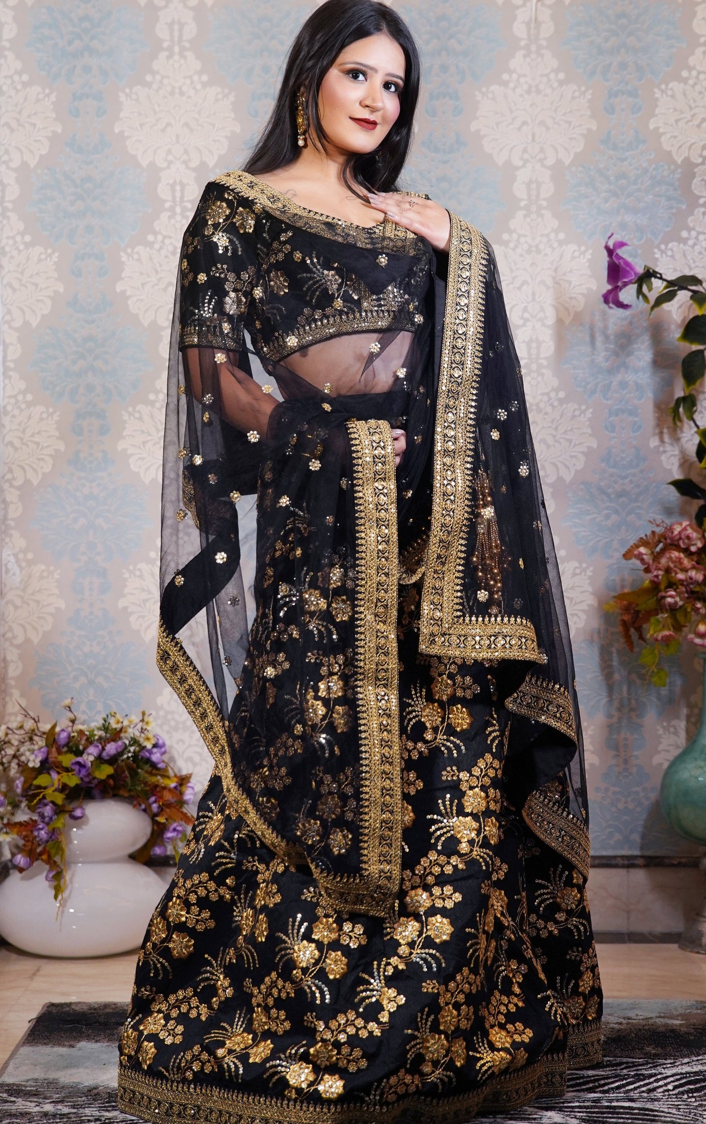 Black and Gold Embroidered Lehenga Set