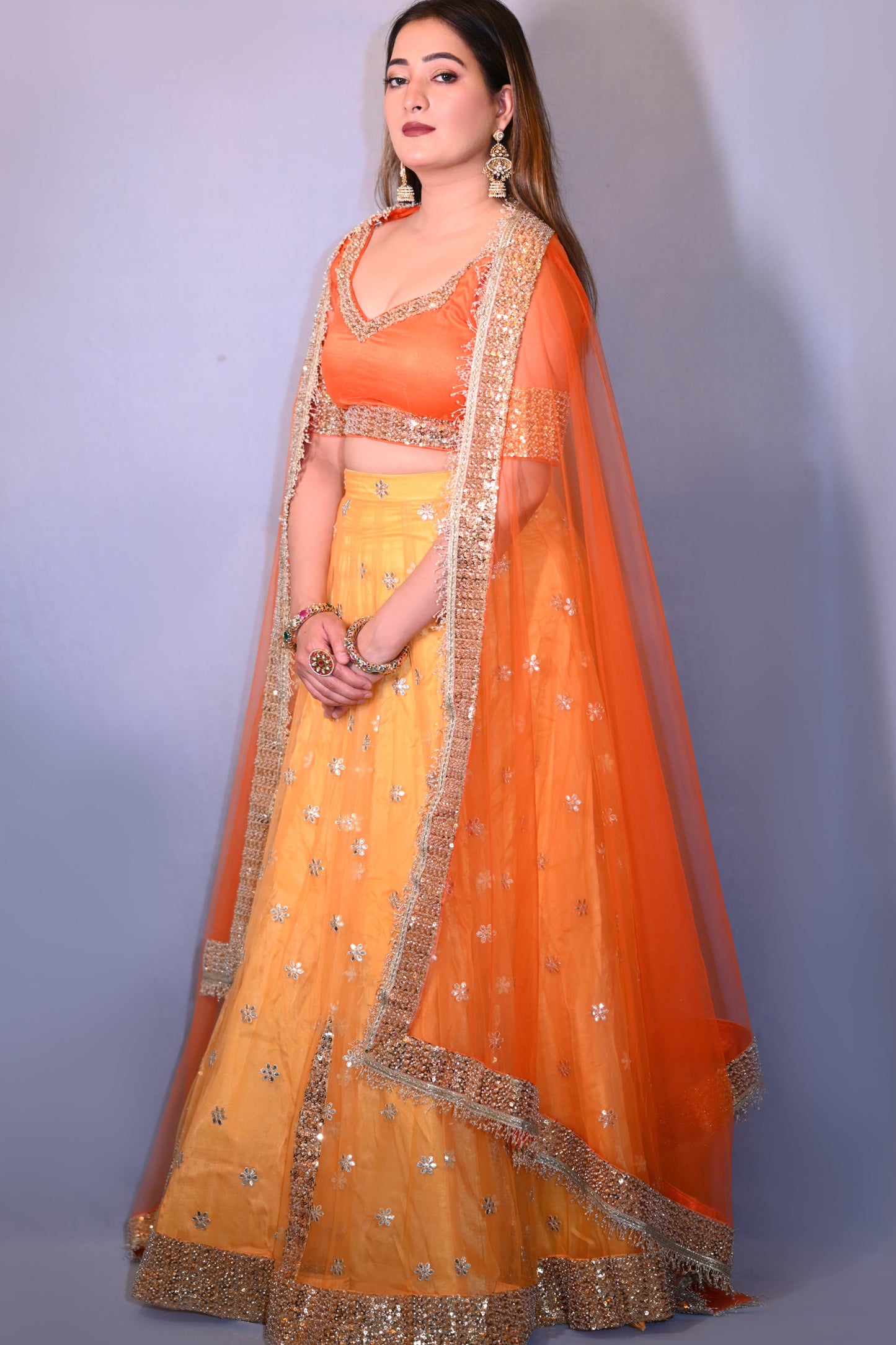 Vibrant Orange & Yellow Embroidered Lehenga Set