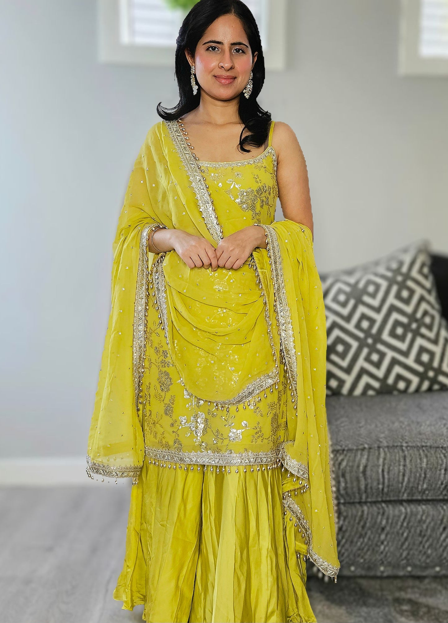 Lime Yellow Embroidered Sharara Set