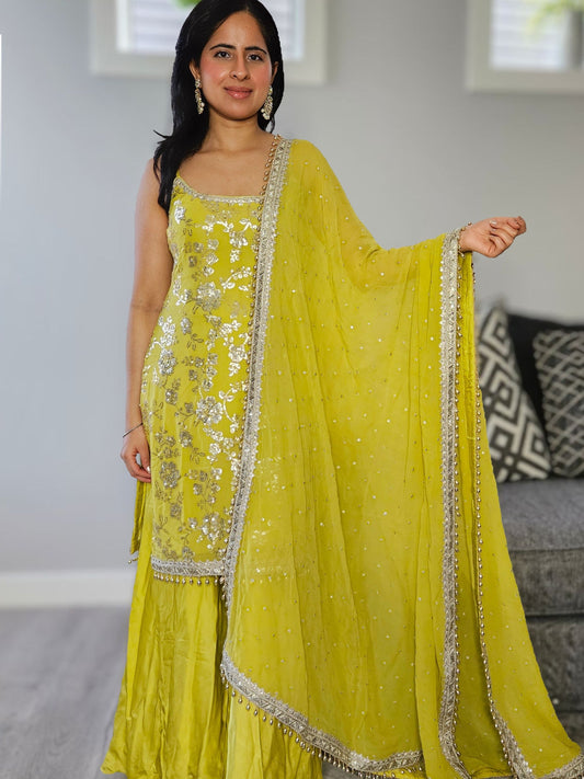 Lime Yellow Embroidered Sharara Set