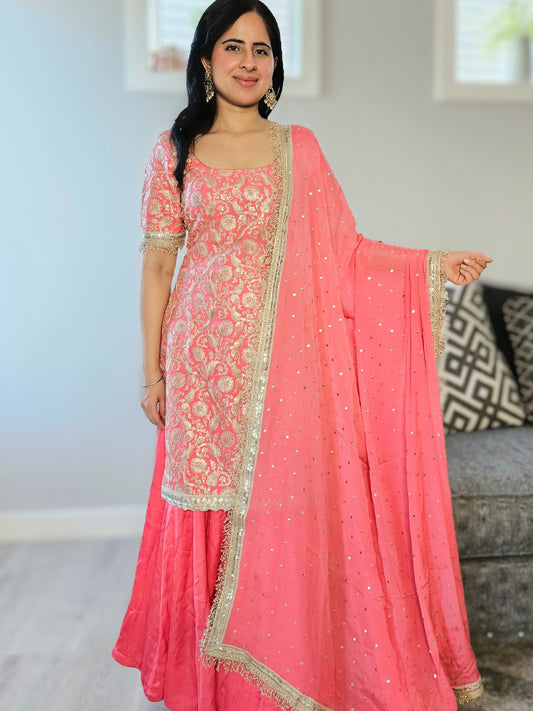 Coral Pink Thread Embroidered Sharara Set