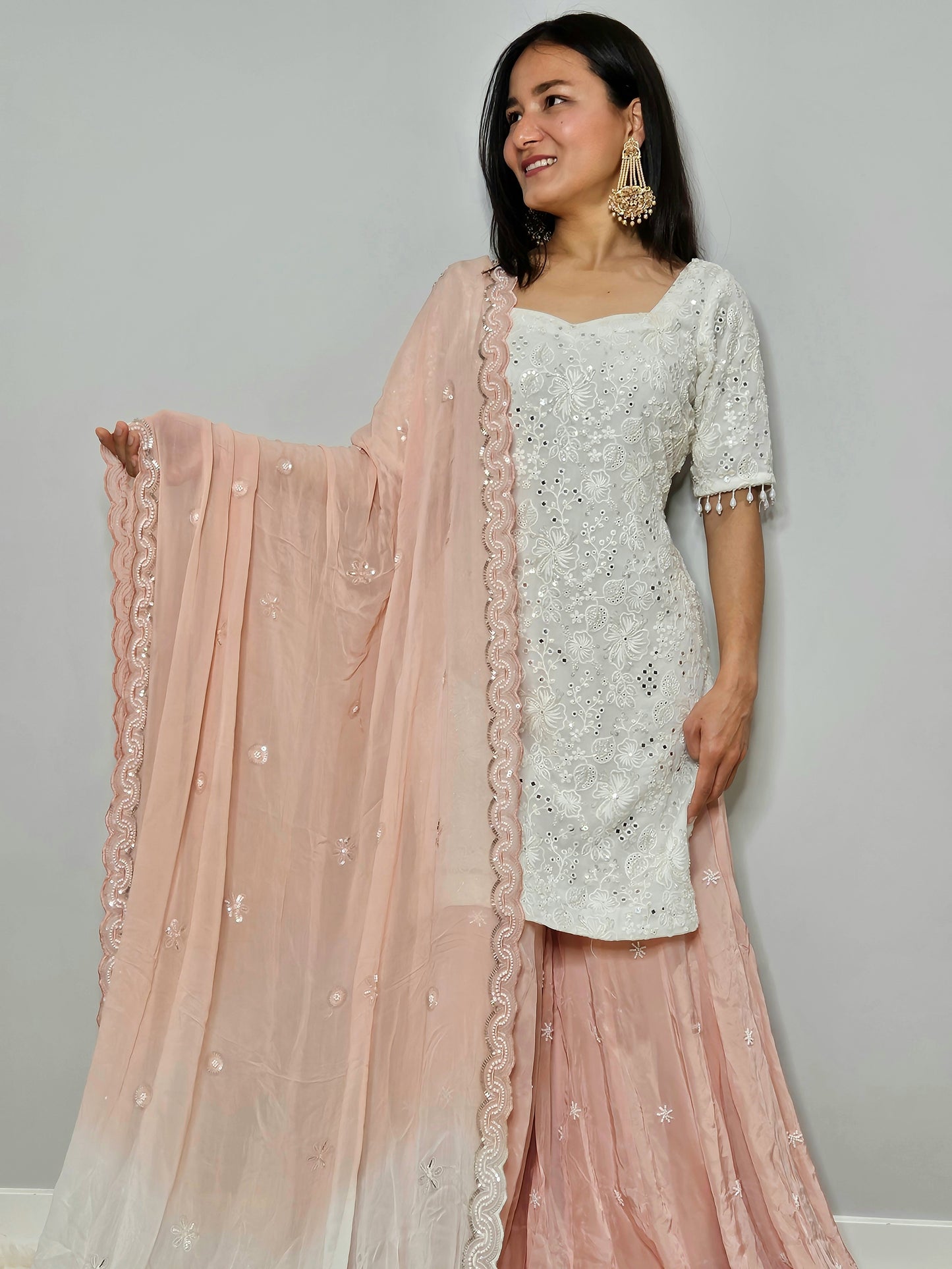 White & Peach Hand Embroidered Georgette Sharara Set