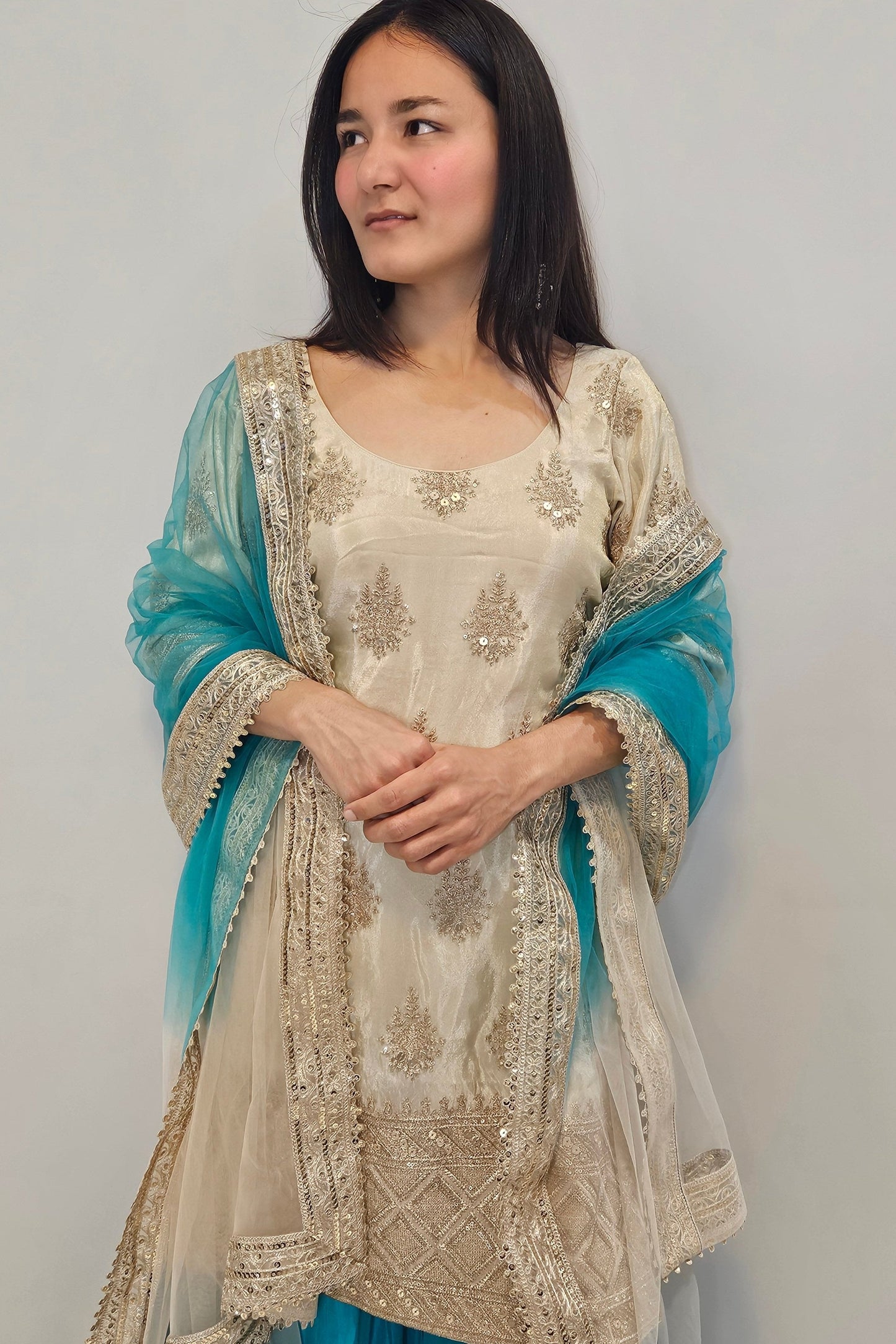 Teal Blue & Gold Embroidered Sharara Set
