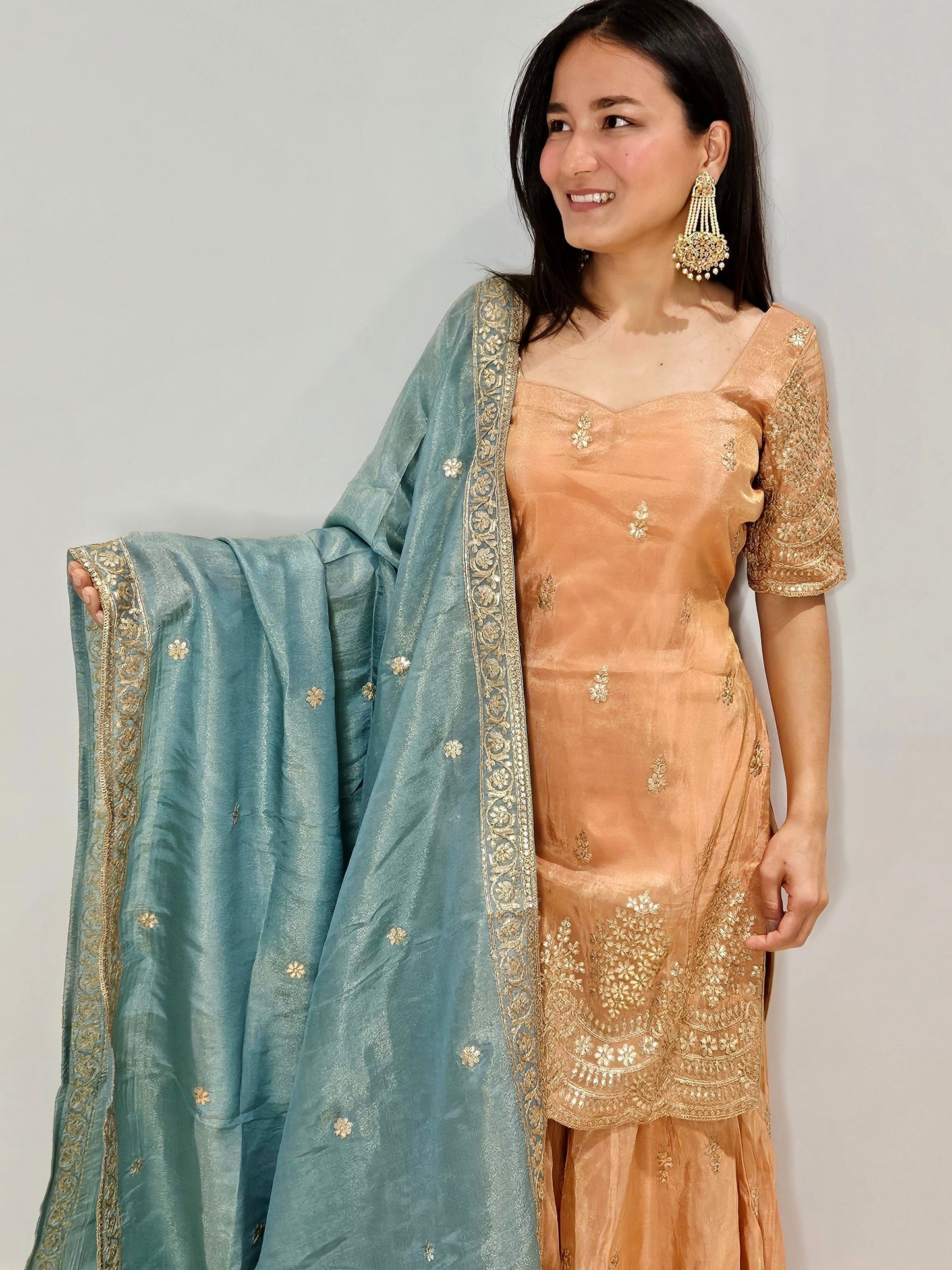 Peach & Teal Embroidered Sharara Set with Gold Detailing