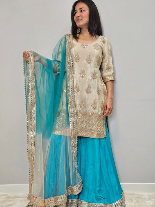 Teal Blue & Gold Embroidered Sharara Set