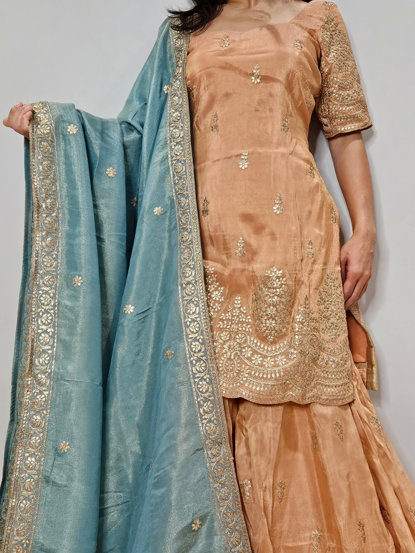 Peach & Teal Embroidered Sharara Set with Gold Detailing