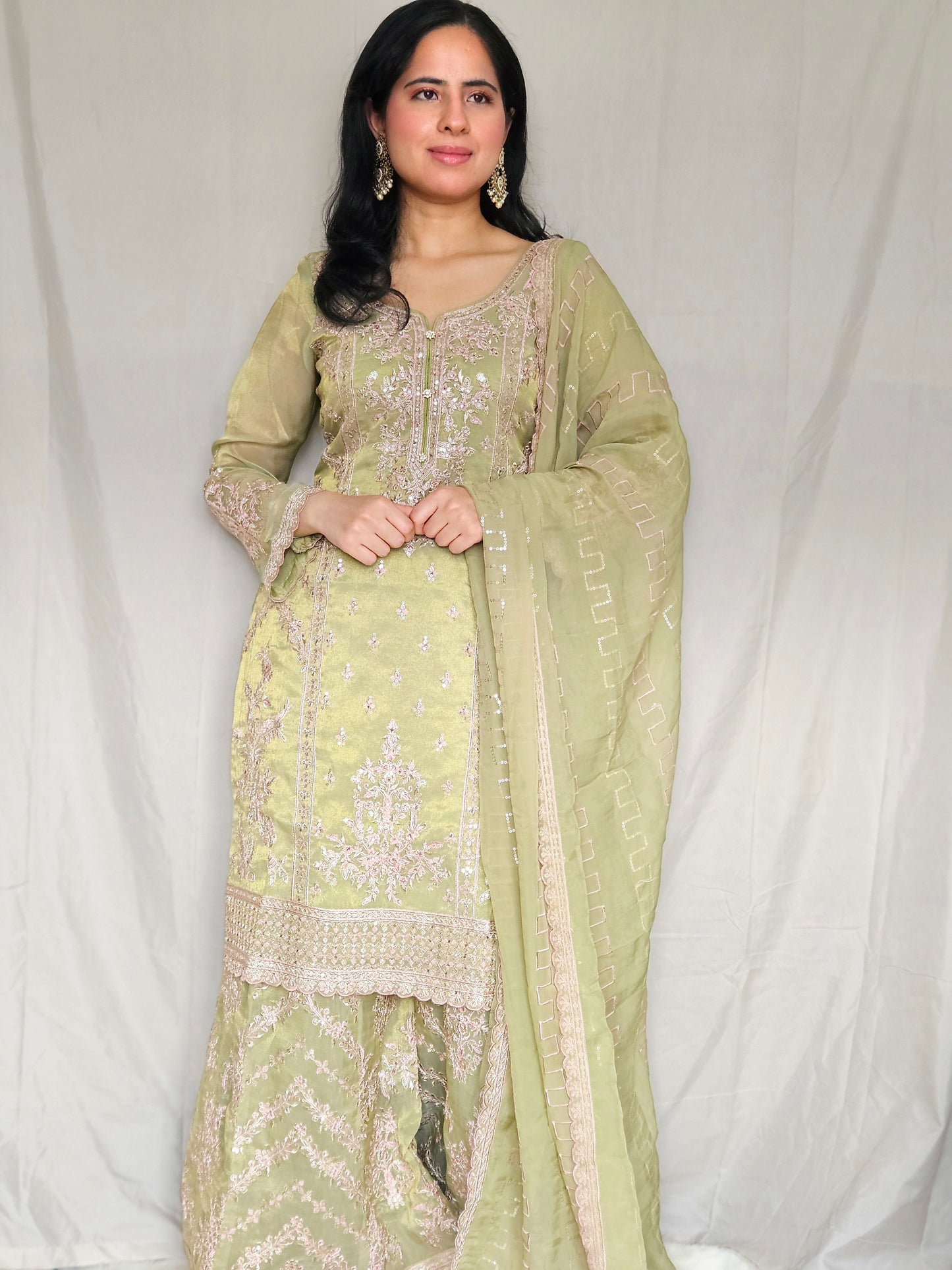 Mehndi Green Zari Embroidery Shimmer Organza Sharara