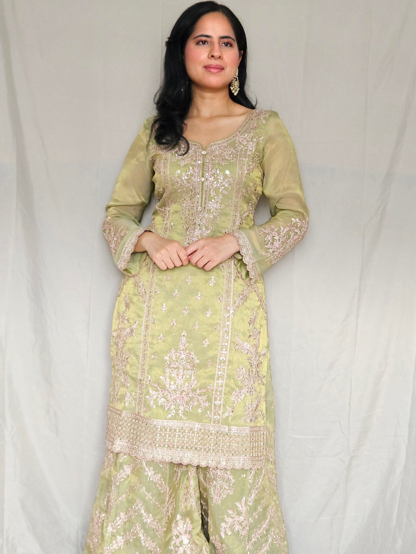 Mehndi Green Zari Embroidery Shimmer Organza Sharara