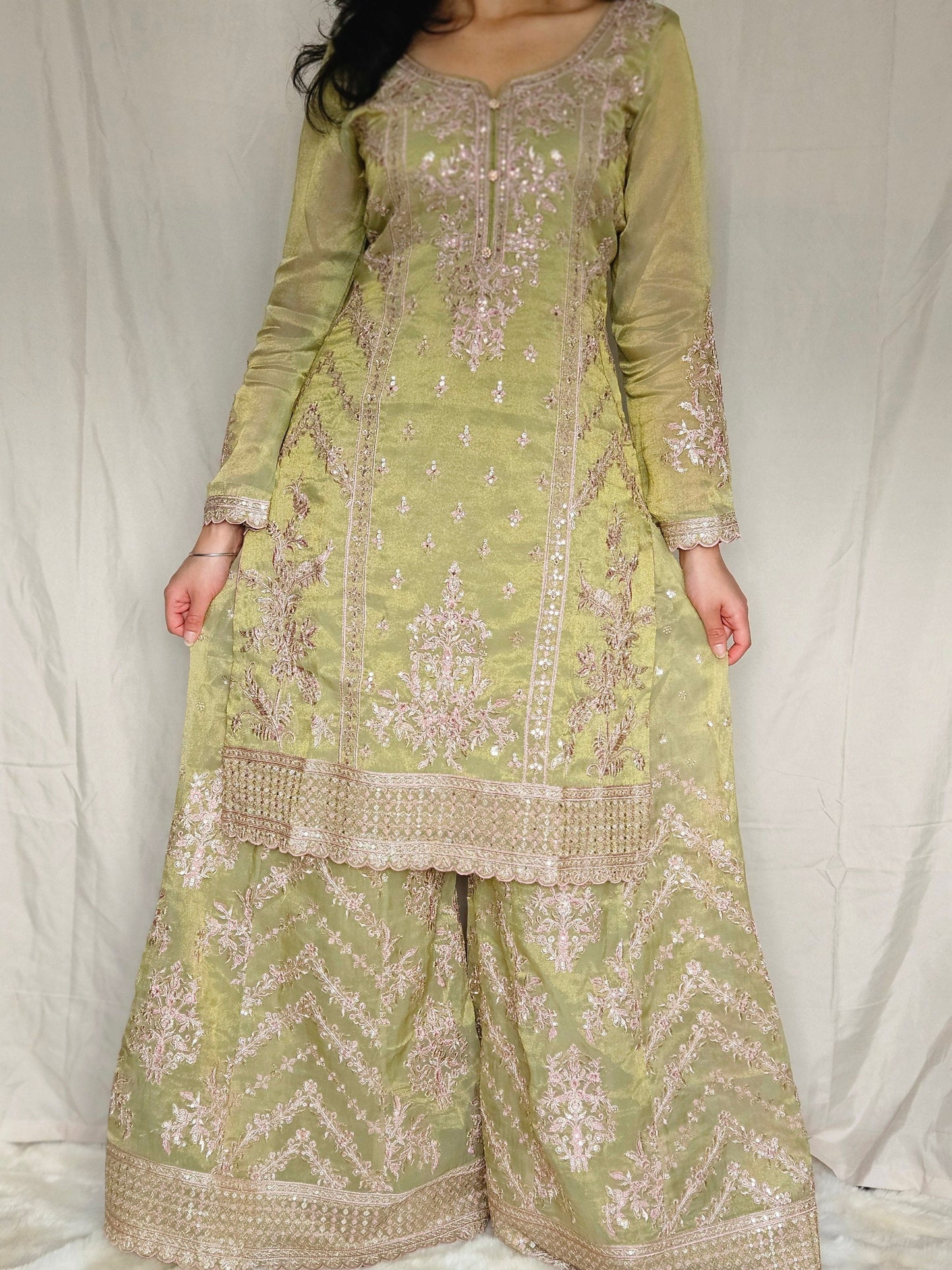 Mehndi Green Zari Embroidery Shimmer Organza Sharara