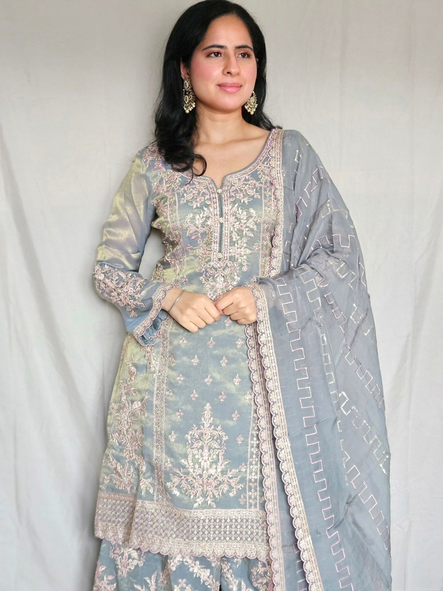 Blue & Grey Metallic Zari Embroidery Shimmer Organza Sharara