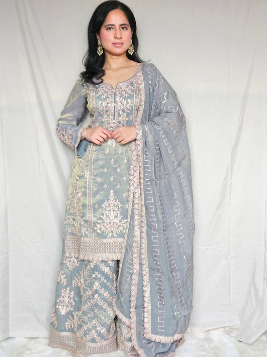 Blue & Grey Metallic Zari Embroidery Shimmer Organza Sharara