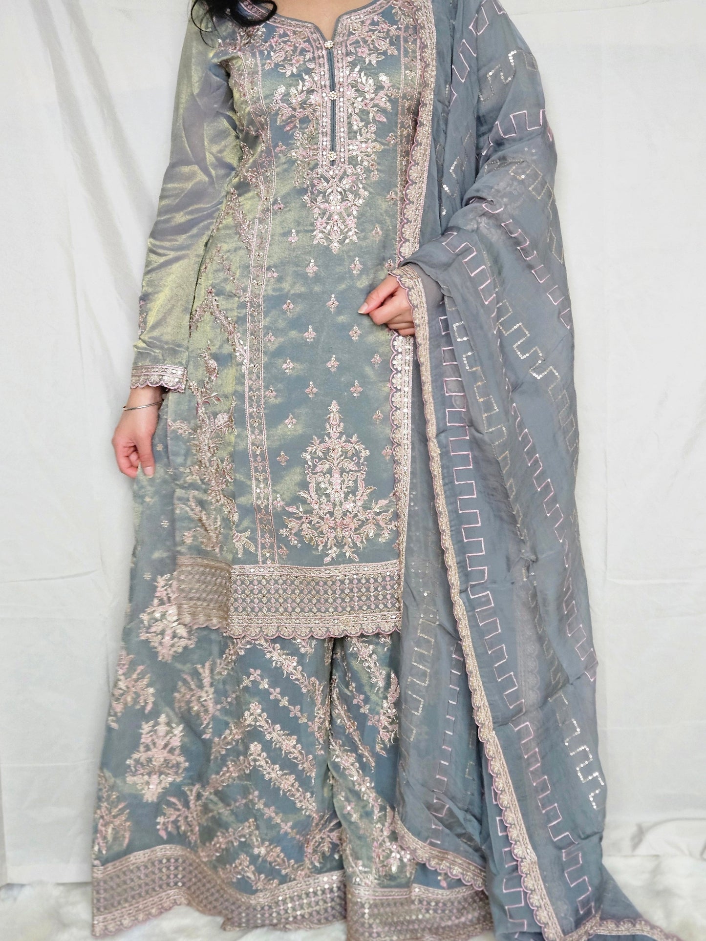 Blue & Grey Metallic Zari Embroidery Shimmer Organza Sharara