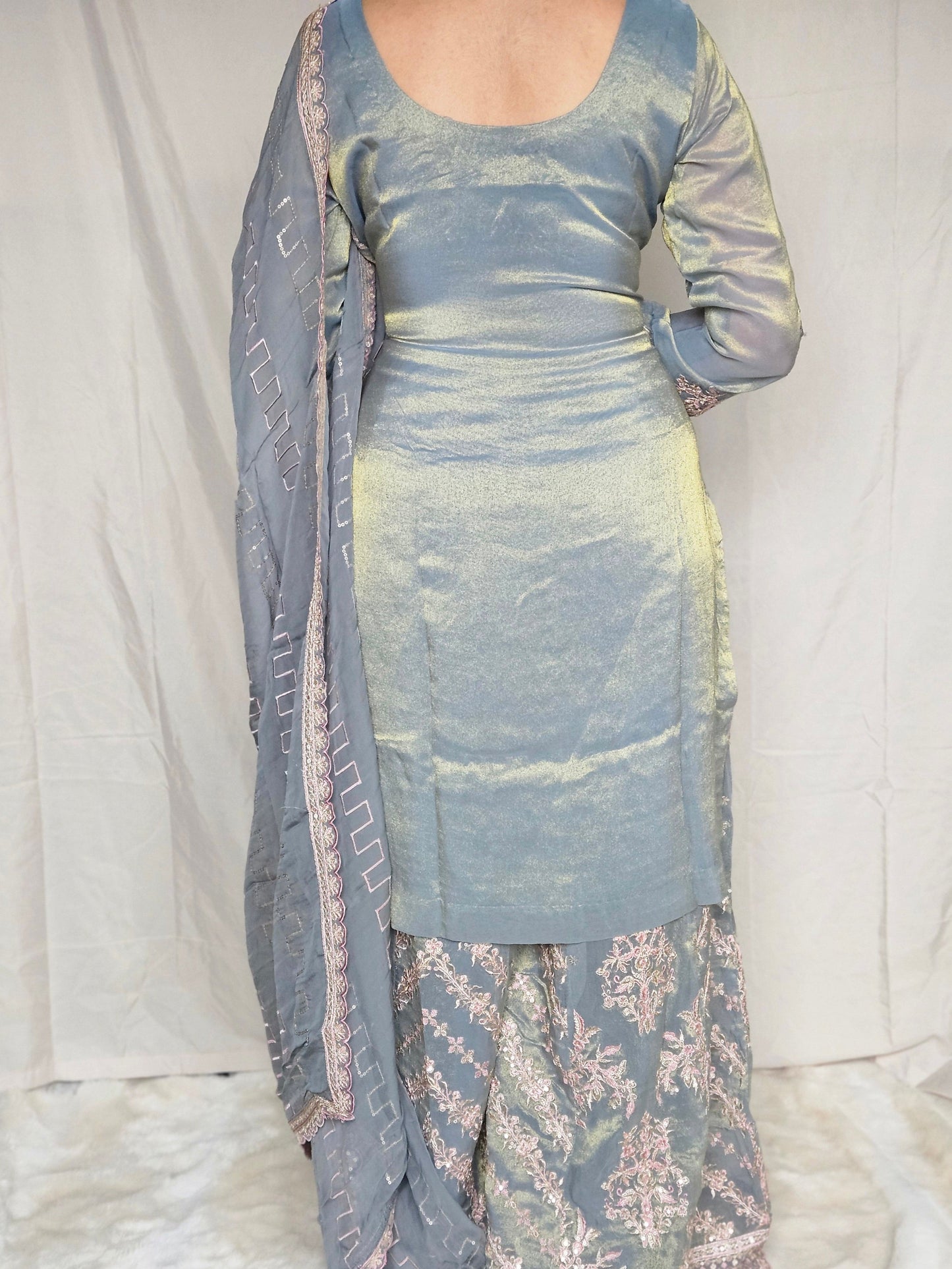 Blue & Grey Metallic Zari Embroidery Shimmer Organza Sharara