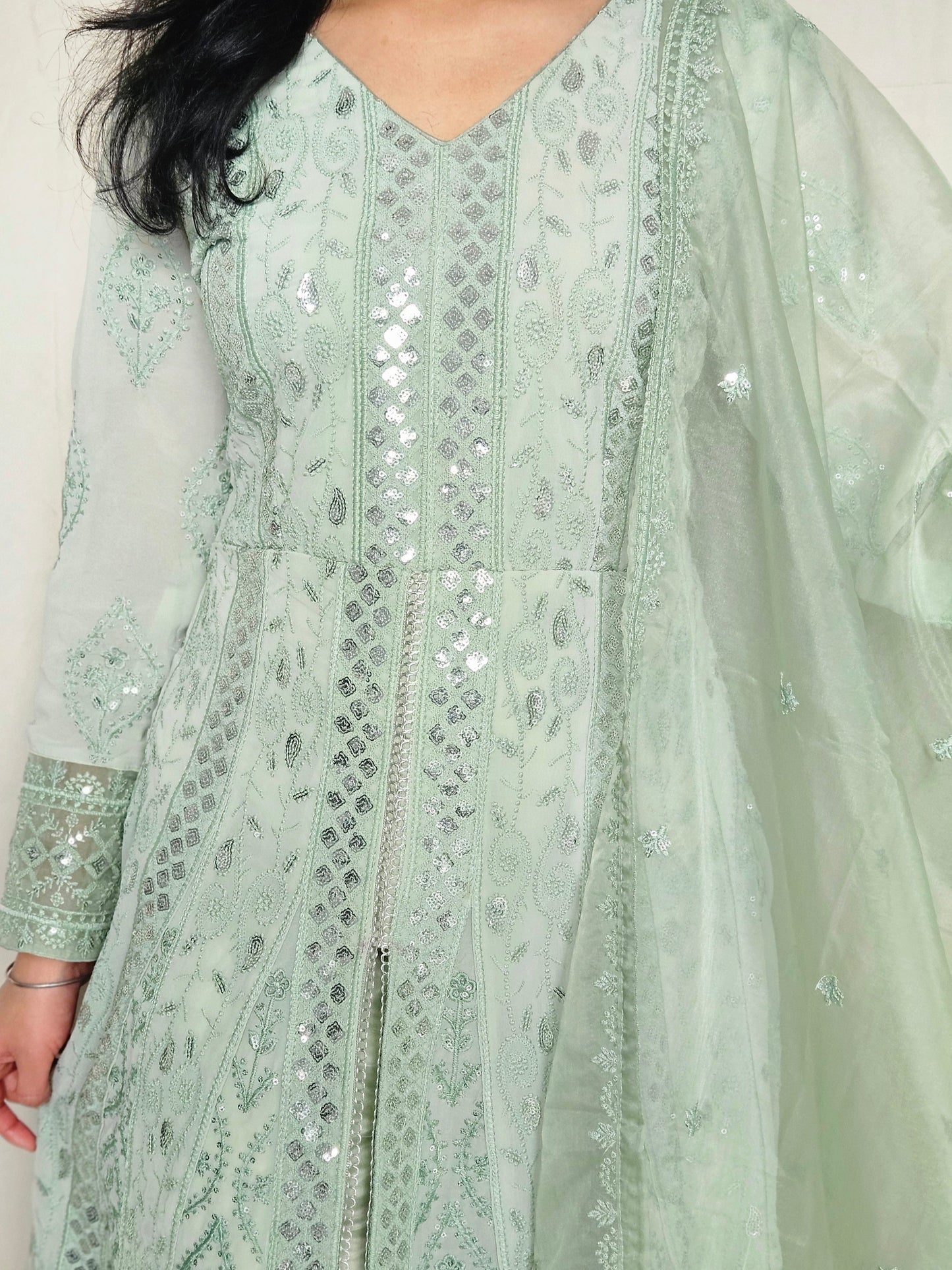 Pastel Sage Green Georgette Sequence Embroidered Anarkali with Slit Style