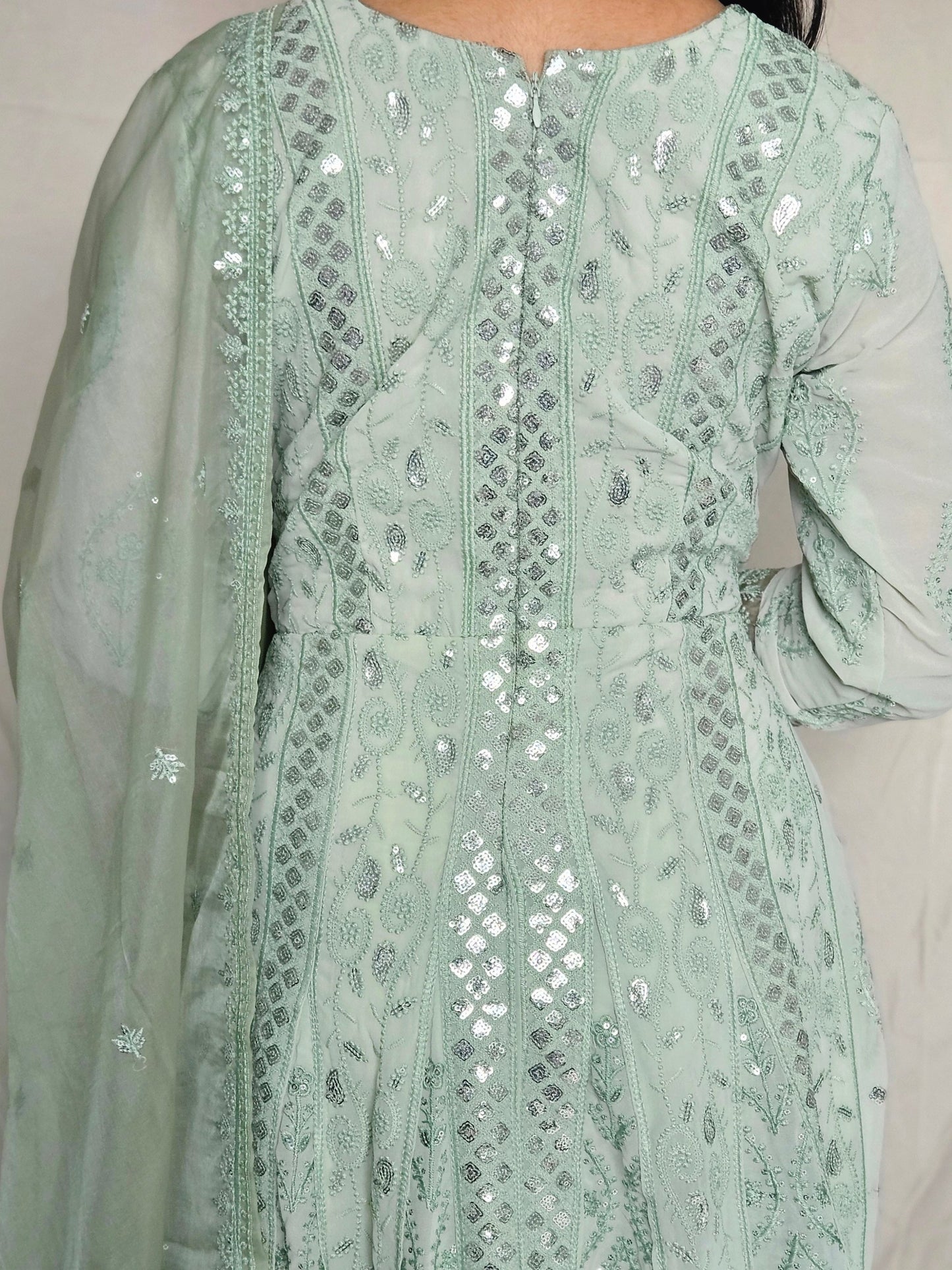 Pastel Sage Green Georgette Sequence Embroidered Anarkali with Slit Style