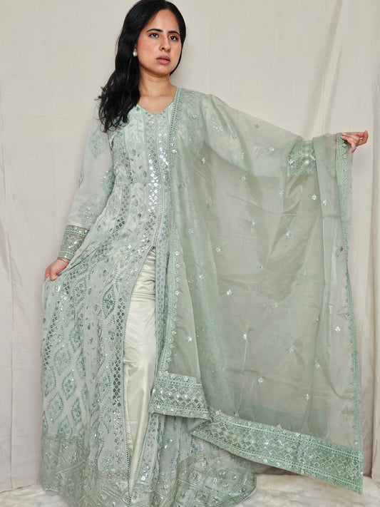 Pastel Sage Green Georgette Sequence Embroidered Anarkali with Slit Style