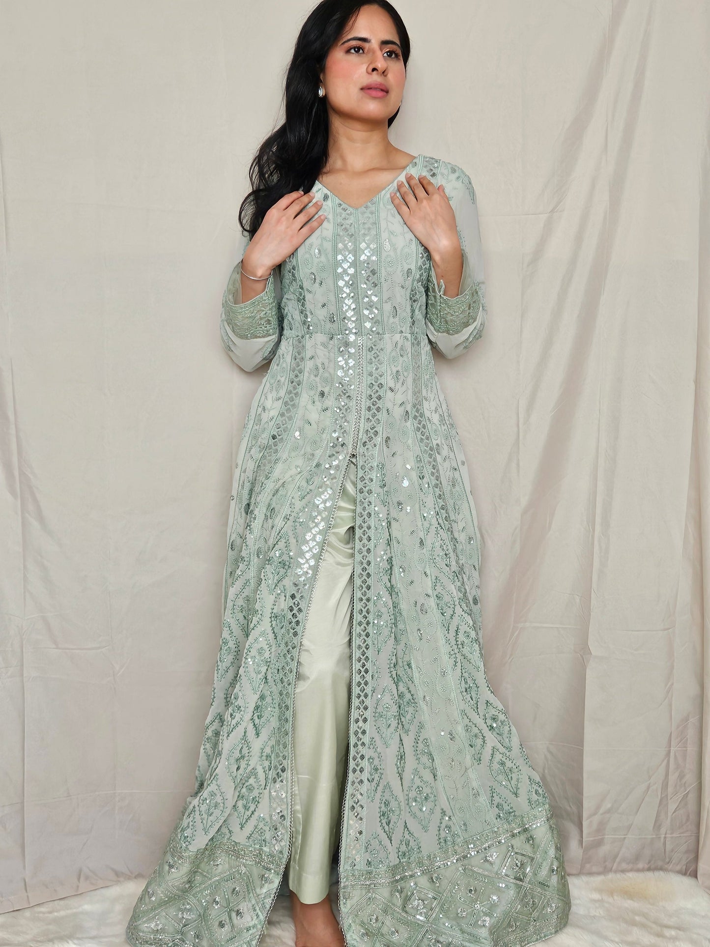 Pastel Sage Green Georgette Sequence Embroidered Anarkali with Slit Style