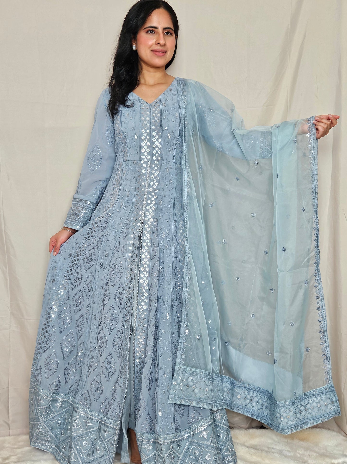 Pastel Blue Georgette Anarkali Set with Slit Style