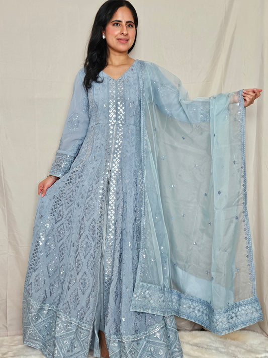 Pastel Blue Georgette Anarkali Set with Slit Style