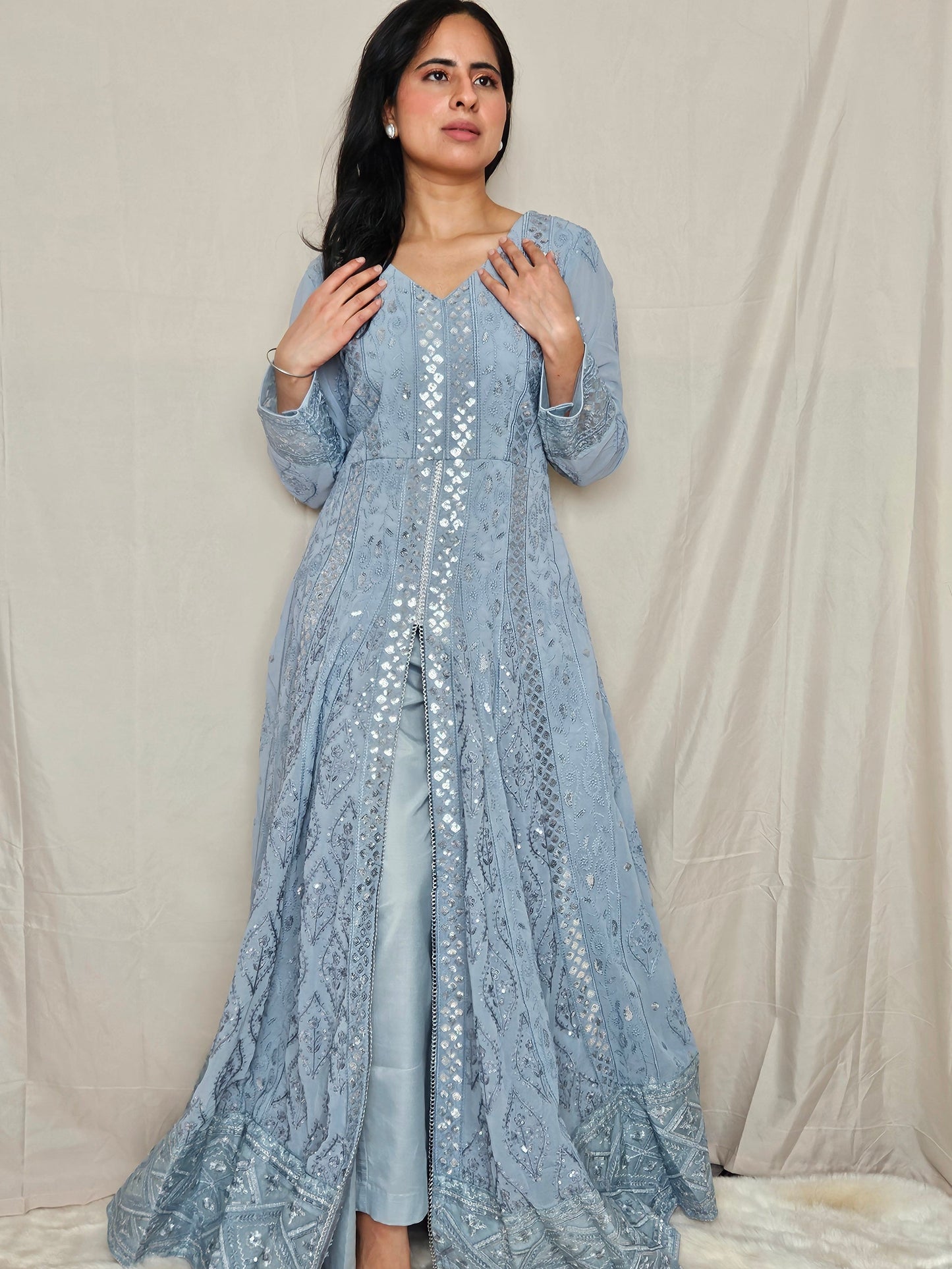 Pastel Blue Georgette Anarkali Set with Slit Style