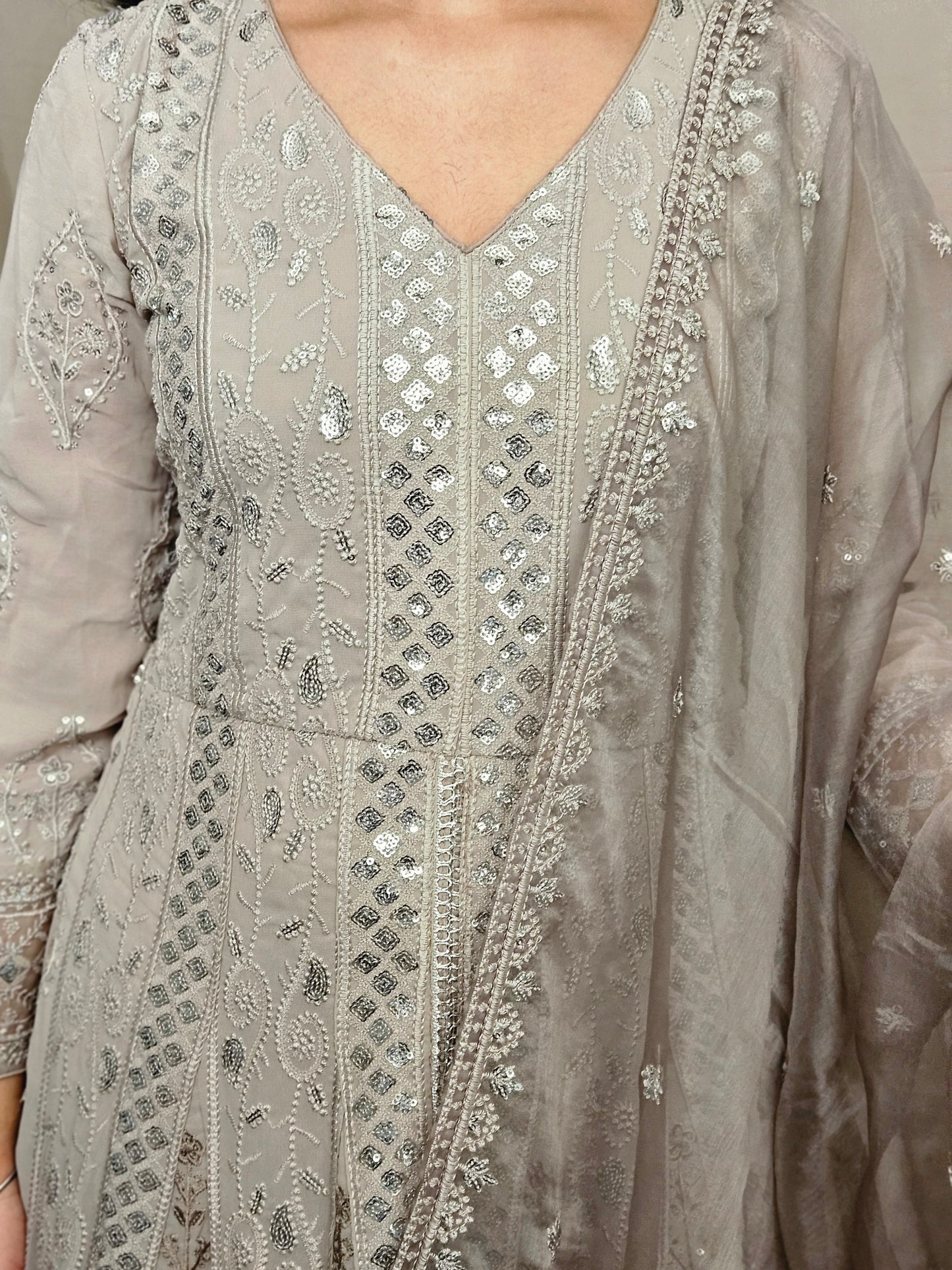 Taupe Brown Georgette Sequence Embroidered Anarkali Slit Style