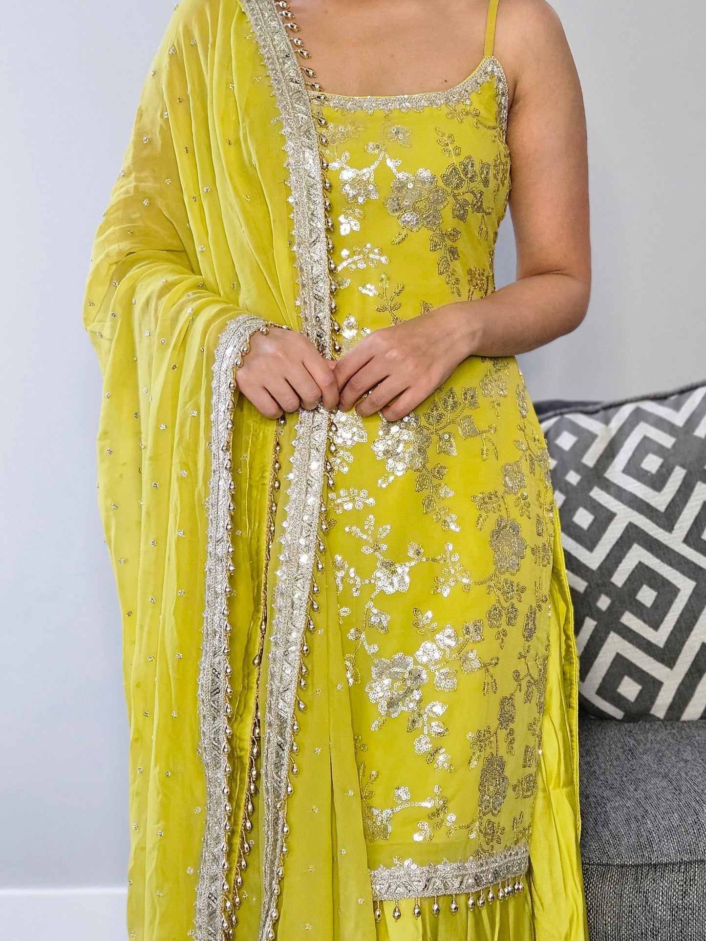 Lime Yellow Embroidered Sharara Set