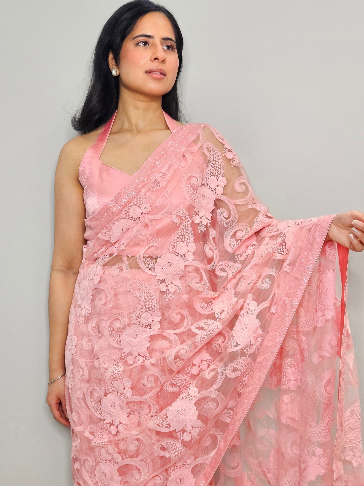 Blush Pink Floral Net Embroidered Saree