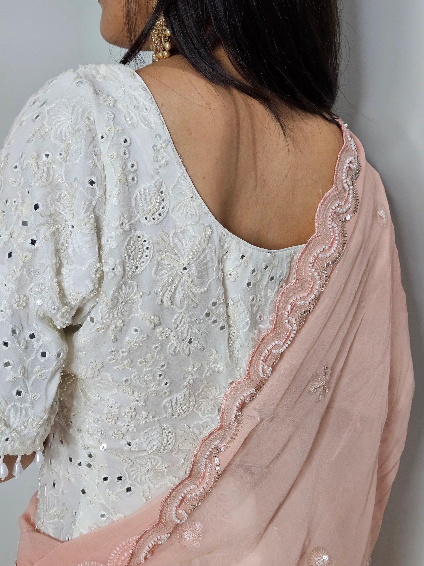 White & Peach Hand Embroidered Georgette Sharara Set