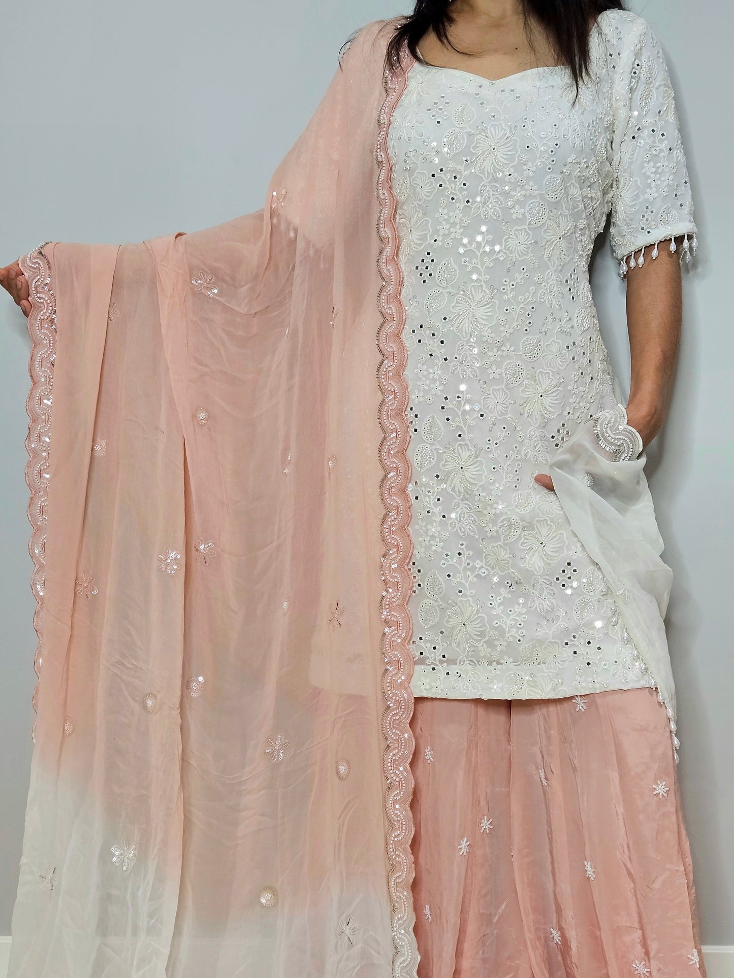 White & Peach Hand Embroidered Georgette Sharara Set