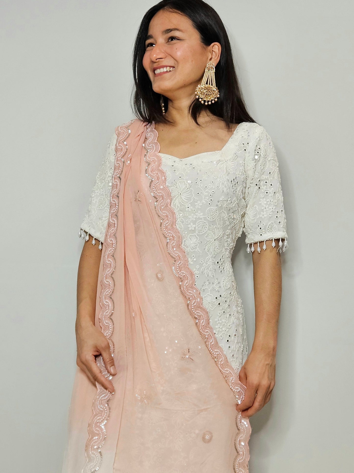 White & Peach Hand Embroidered Georgette Sharara Set