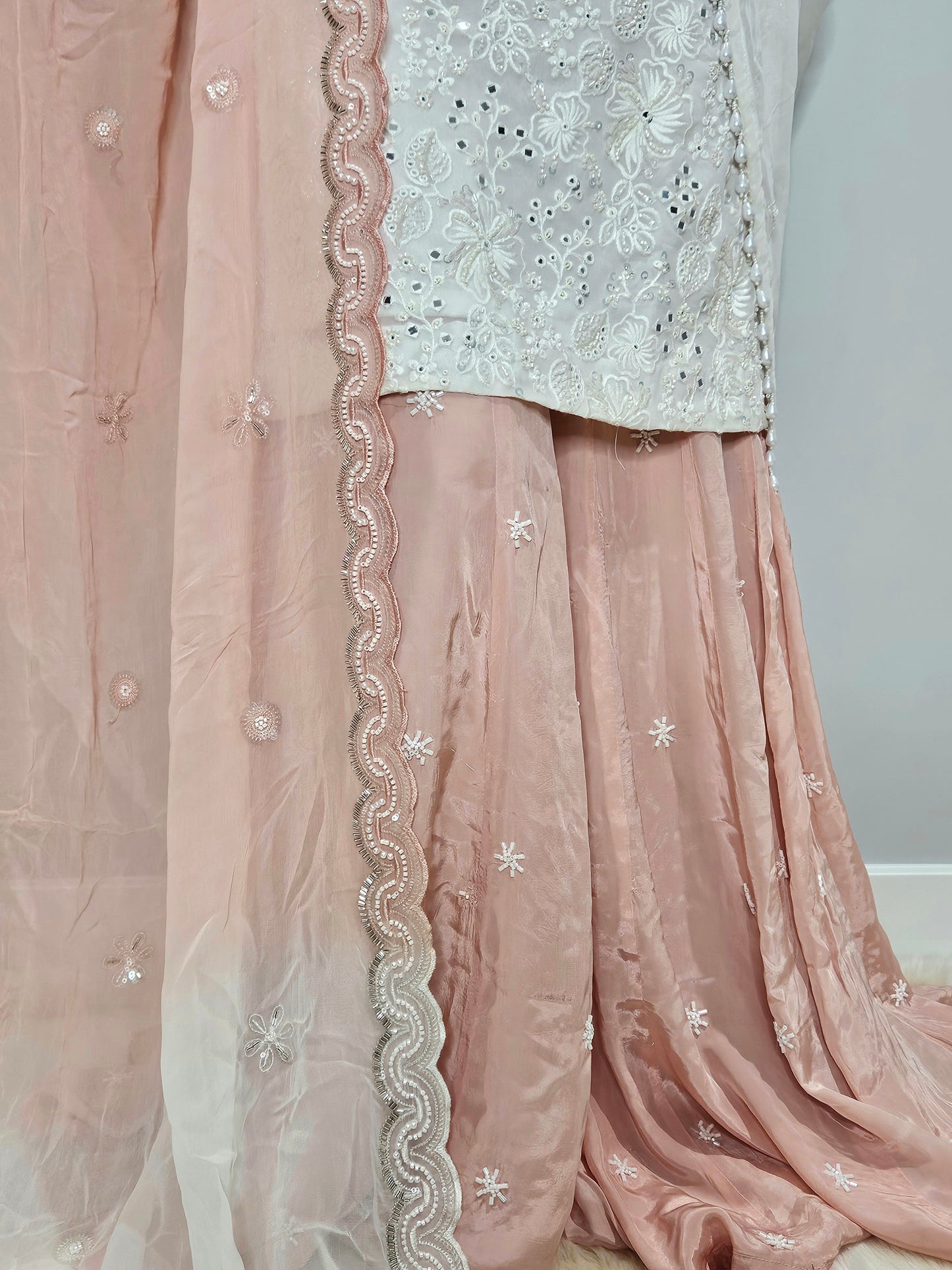 White & Peach Hand Embroidered Georgette Sharara Set