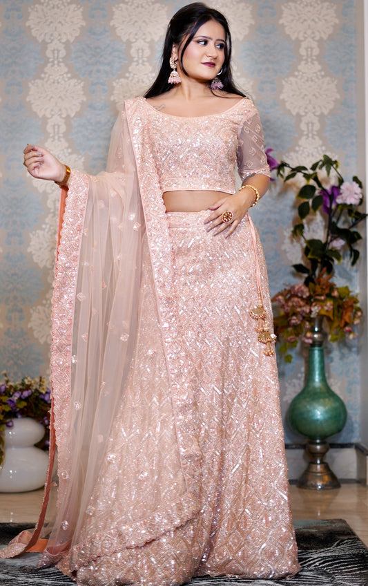 Peach Embroidered Lehenga Set with Mirror Work and Sequins Detailing