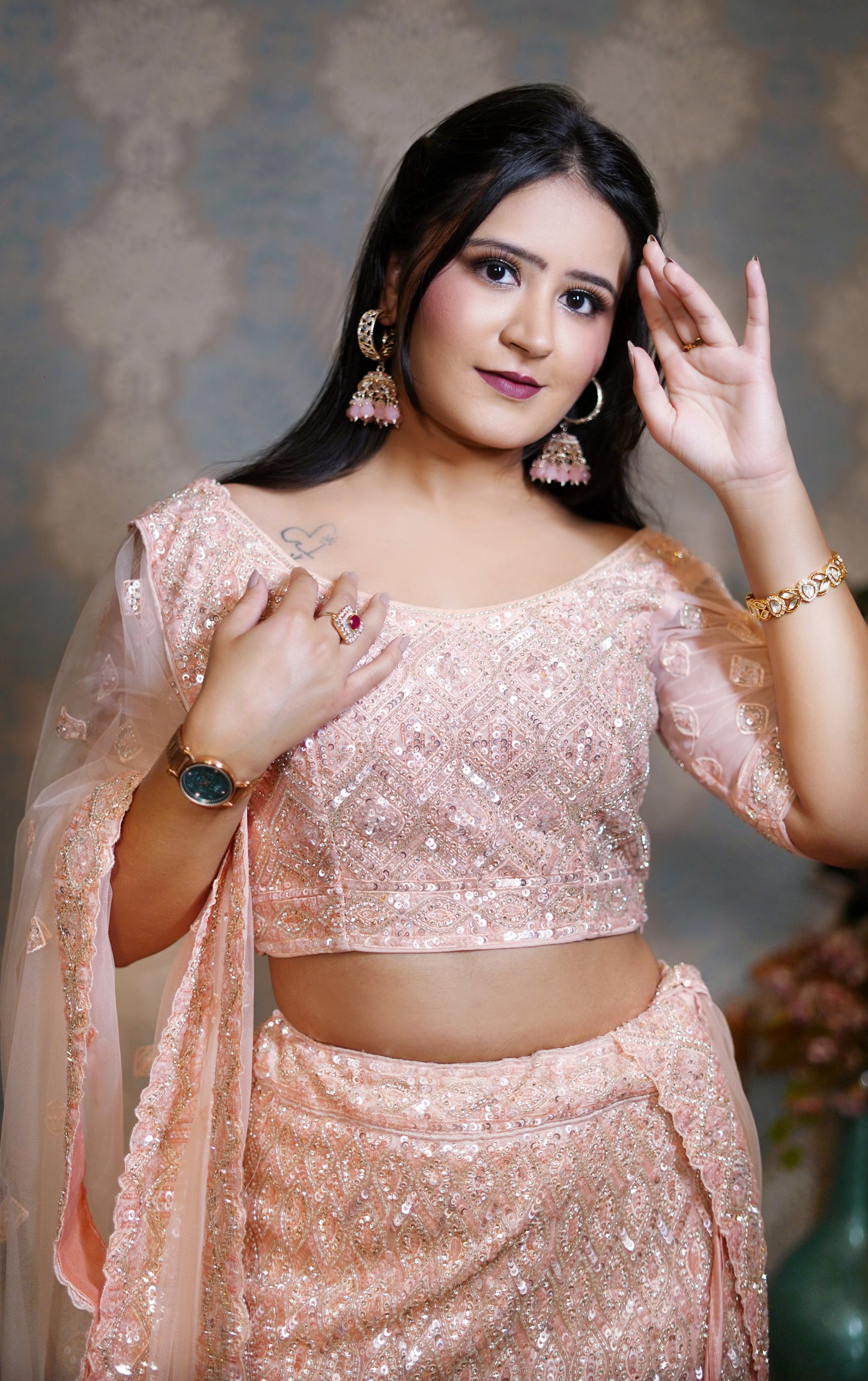 Peach Embroidered Lehenga Set with Mirror Work and Sequins Detailing