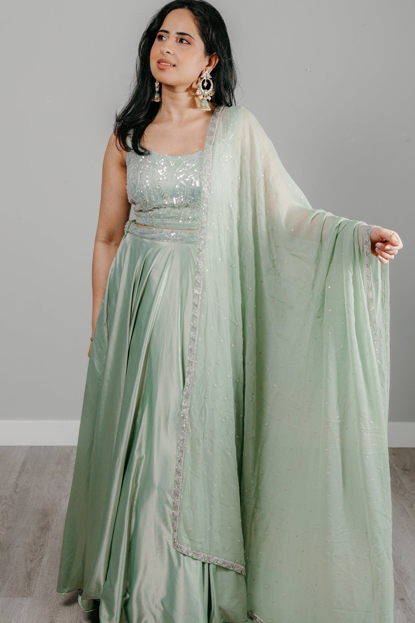 Pastel Mint Green & Silver Embroidered Lehenga