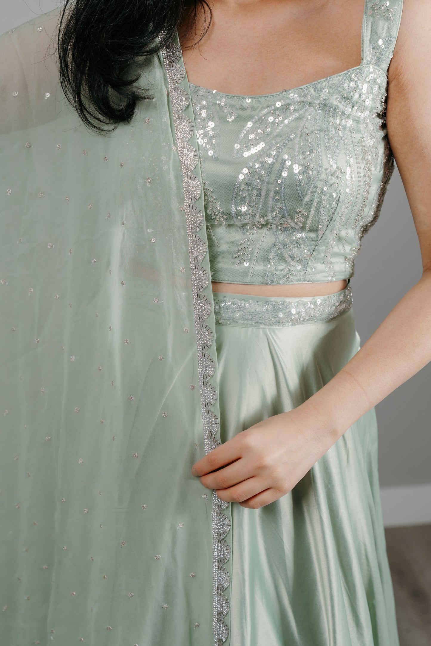 Pastel Mint Green & Silver Embroidered Lehenga