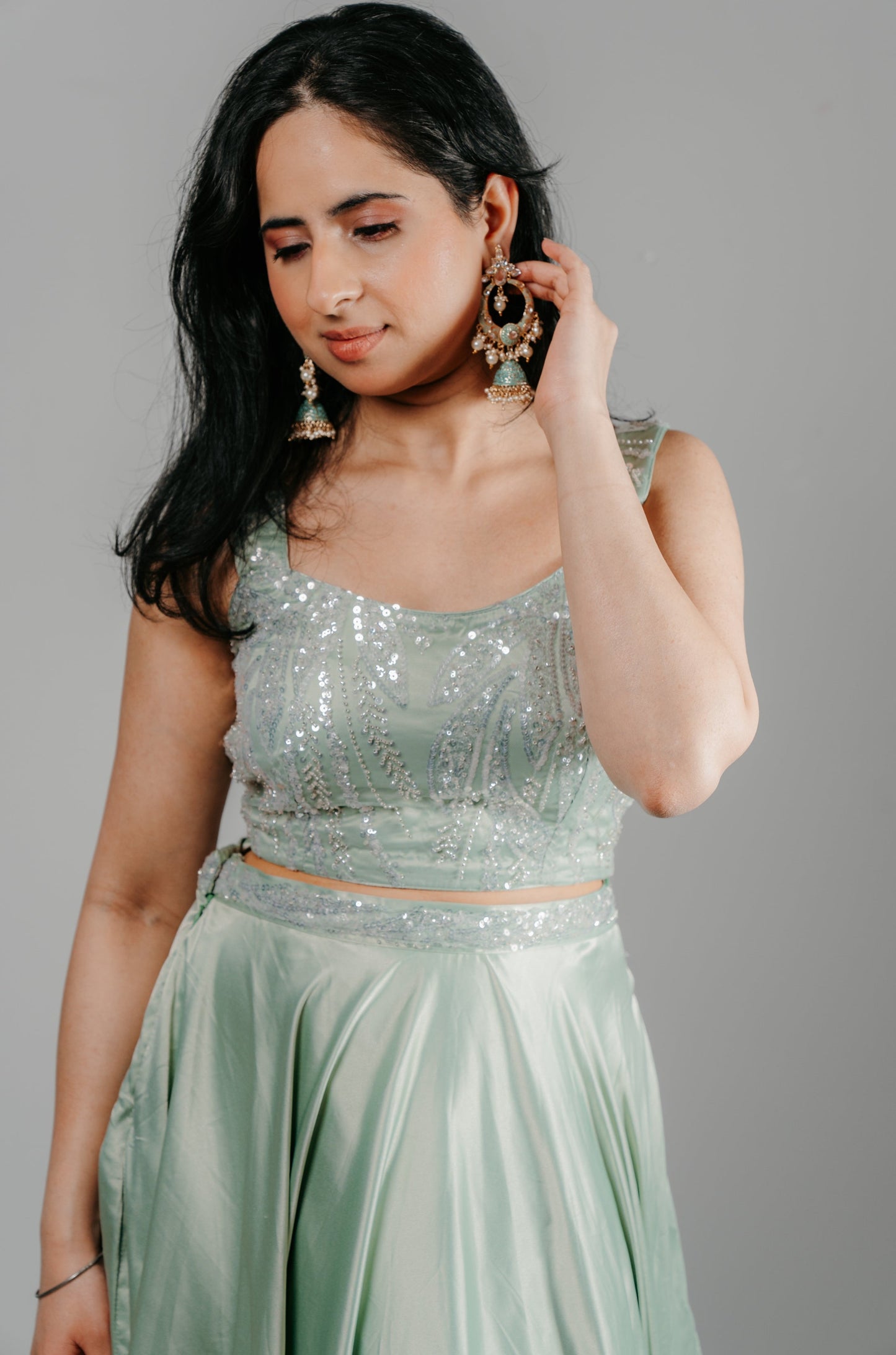 Pastel Mint Green & Silver Embroidered Lehenga