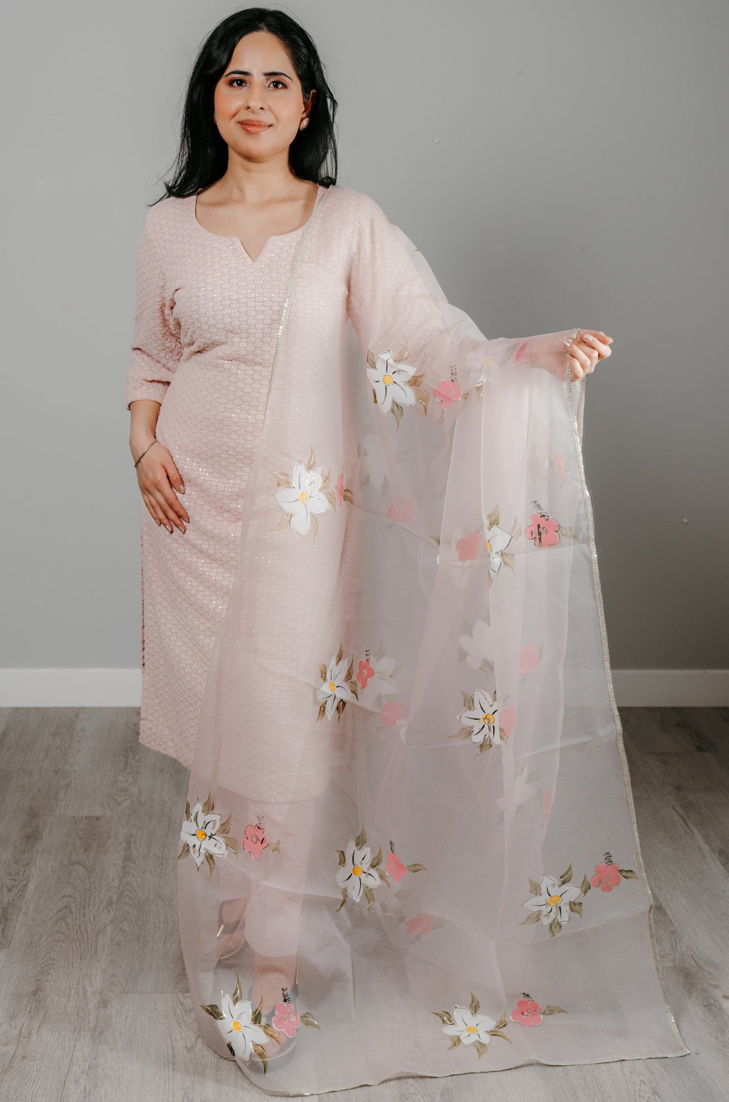 Light Pink Thread Embroidered Lucknowi Georgette Suit