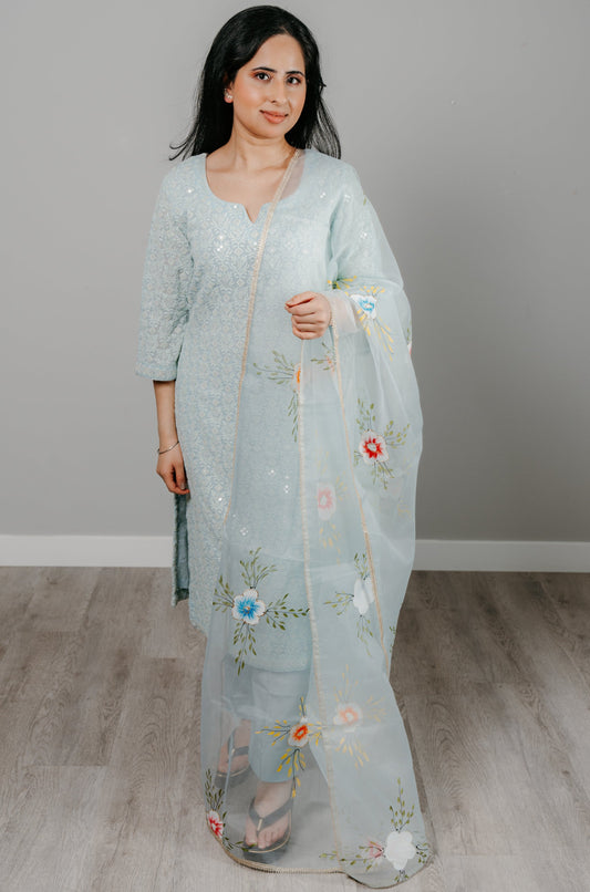 Sky Blue Thread Embroidered Lucknowi Georgette Suit