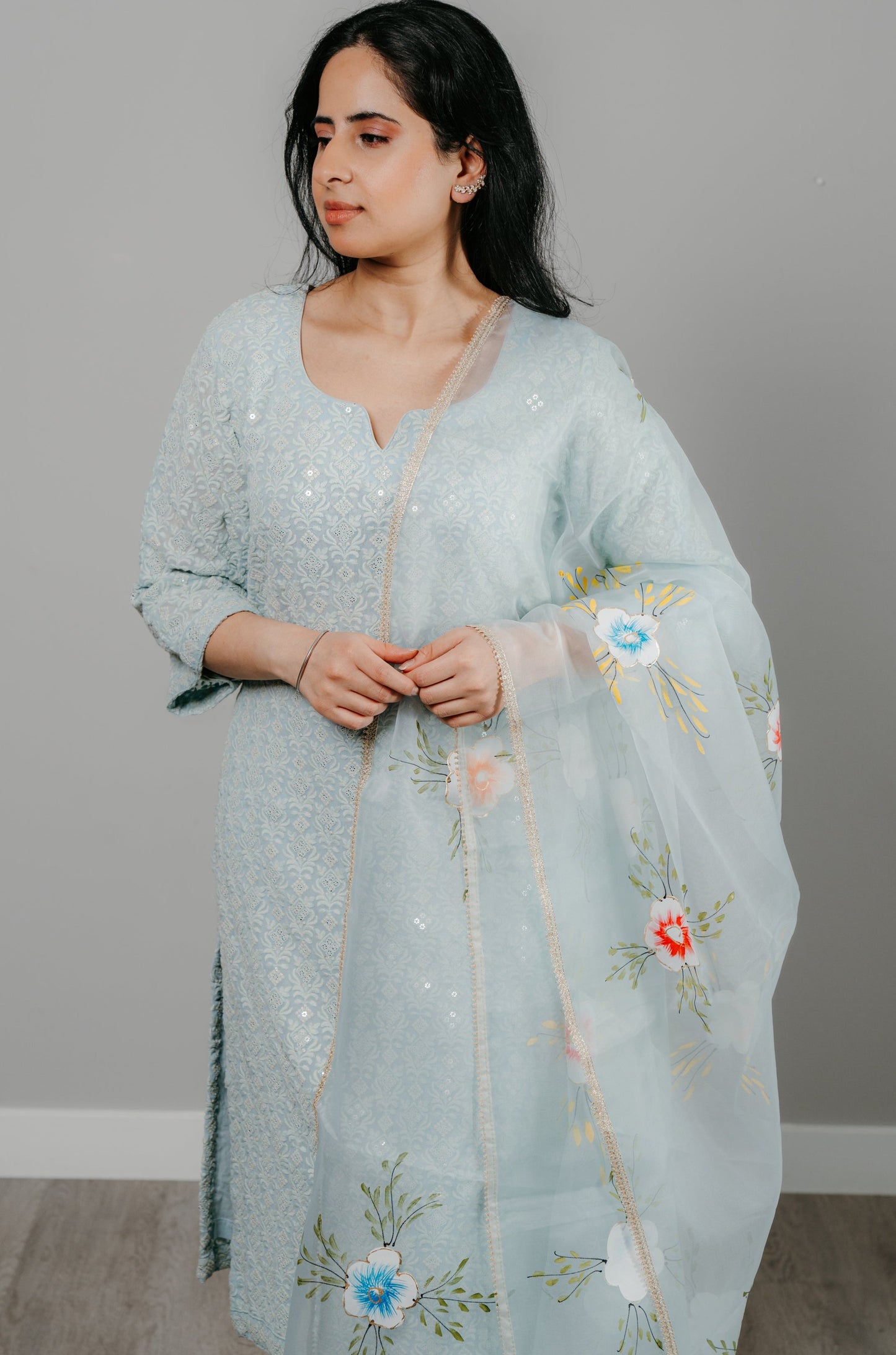 Sky Blue Thread Embroidered Lucknowi Georgette Suit