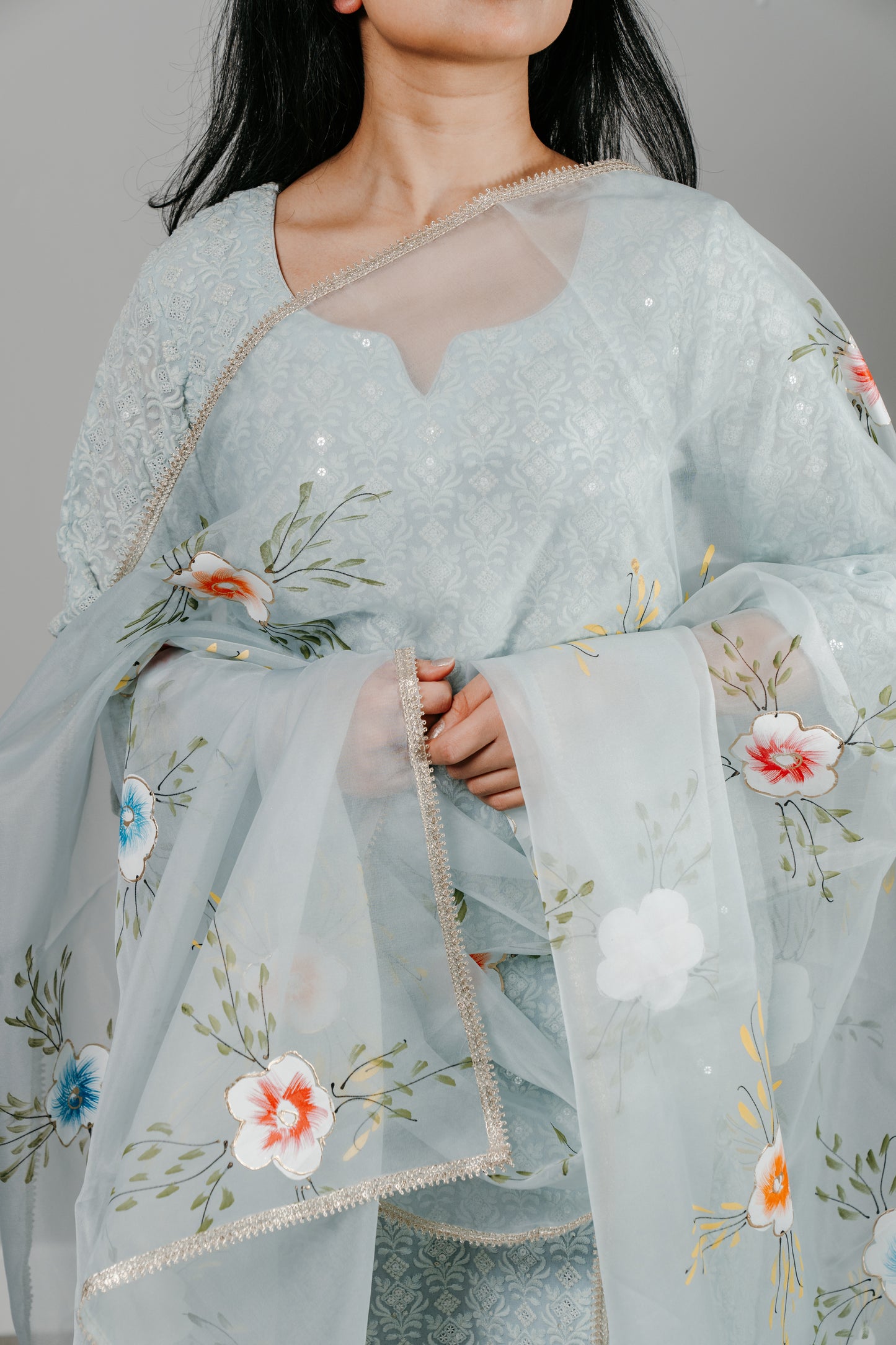 Sky Blue Thread Embroidered Lucknowi Georgette Suit