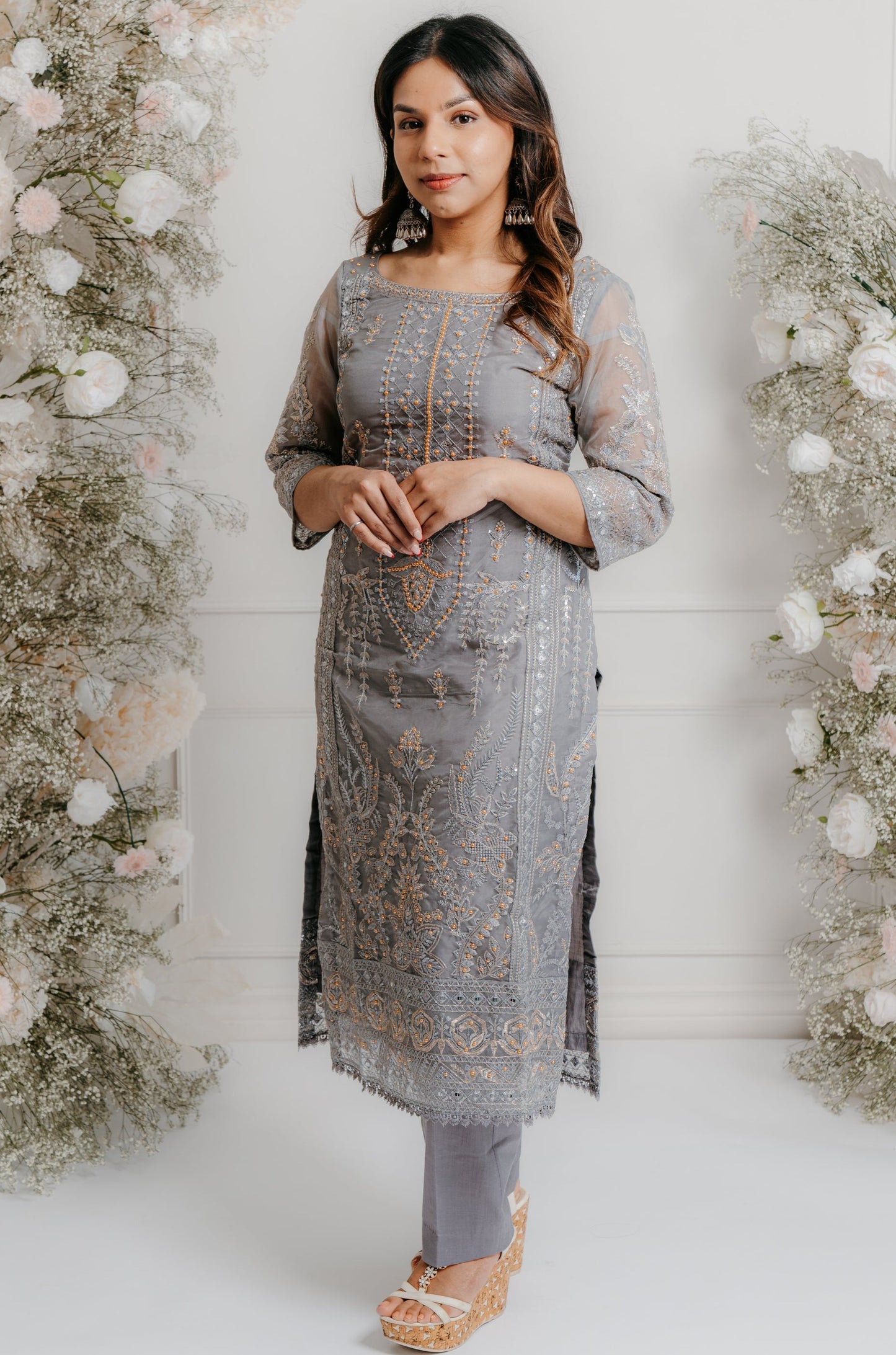 Grey Embroidered Sharara/Pant Suit