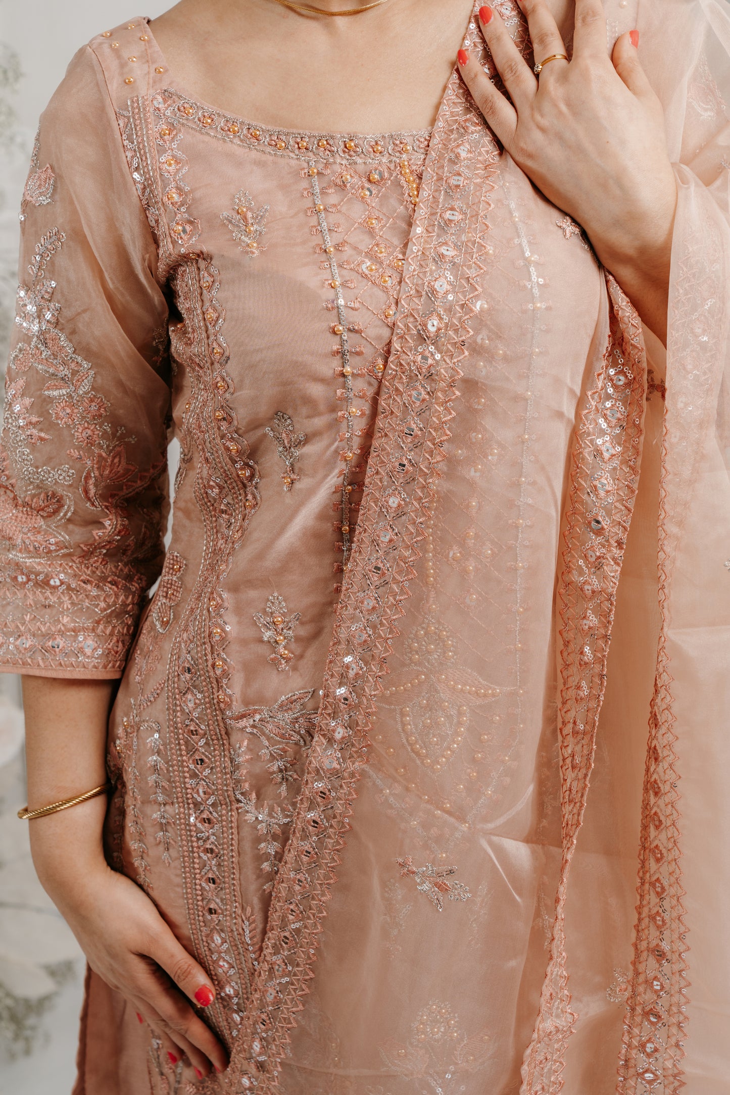 Peach Embroidered Sharara/Pant Suit